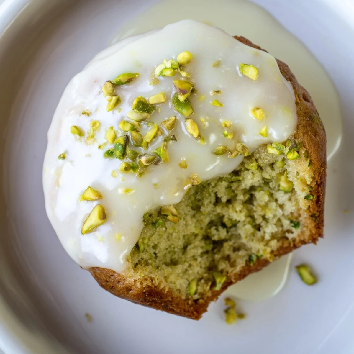 Freshly baked Pistachio Muffins with a drizzle of vanilla glaze on a cooling rack, showcasing a moist crumb and nutty texture.