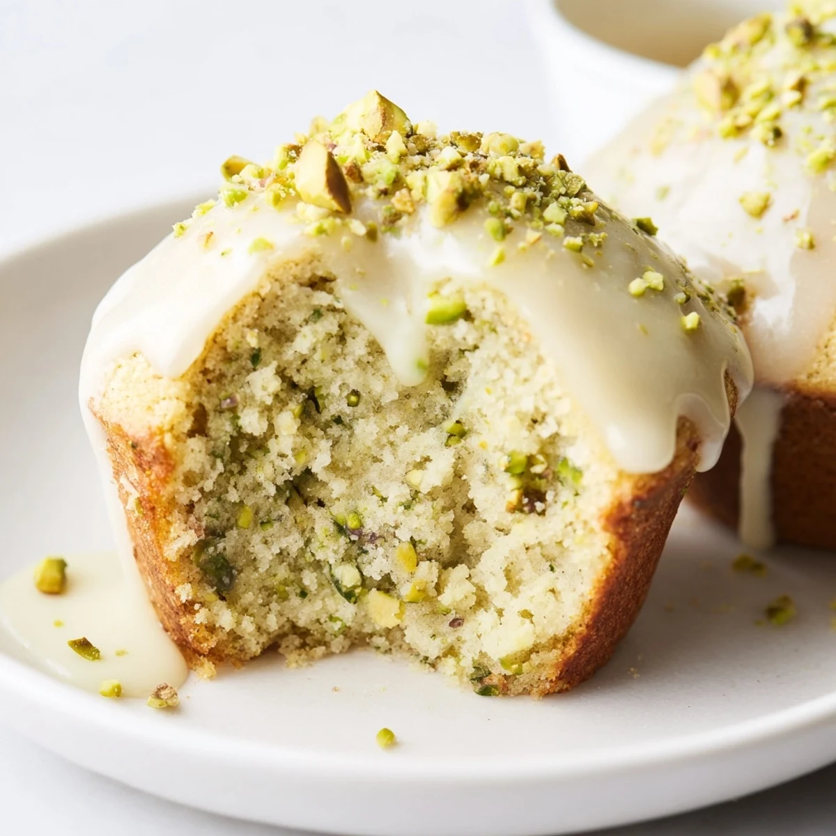 Golden brown Pistachio Muffins with glossy Vanilla Glaze and chopped pistachios on top, ready to serve with coffee.
