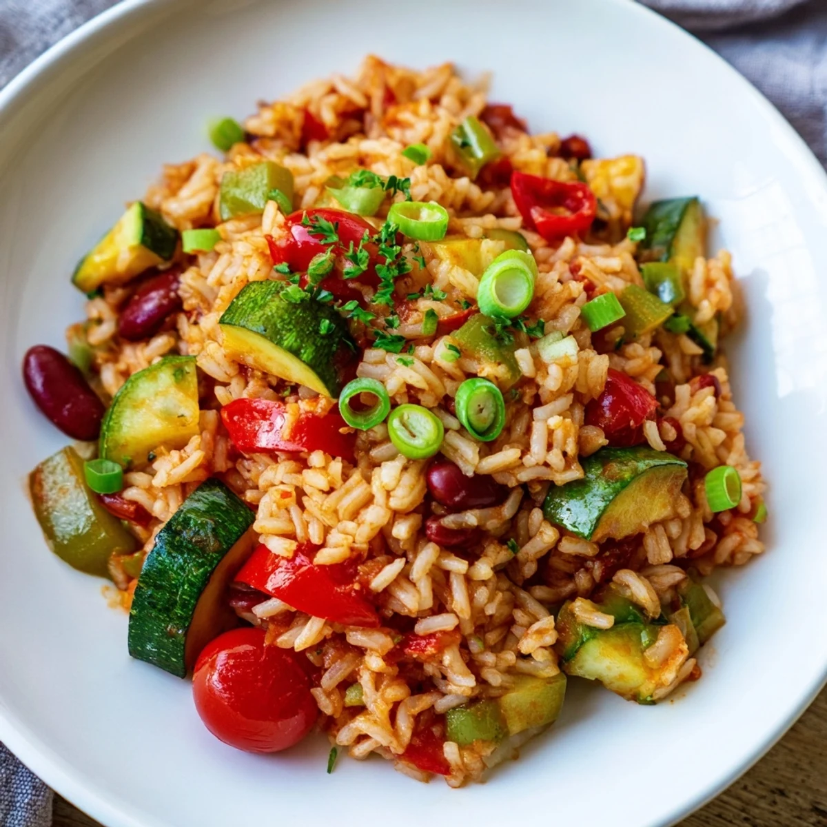 Bright red kidney beans and diced bell peppers in a spicy Vegetable Jambalaya, served steaming in a rustic pot.