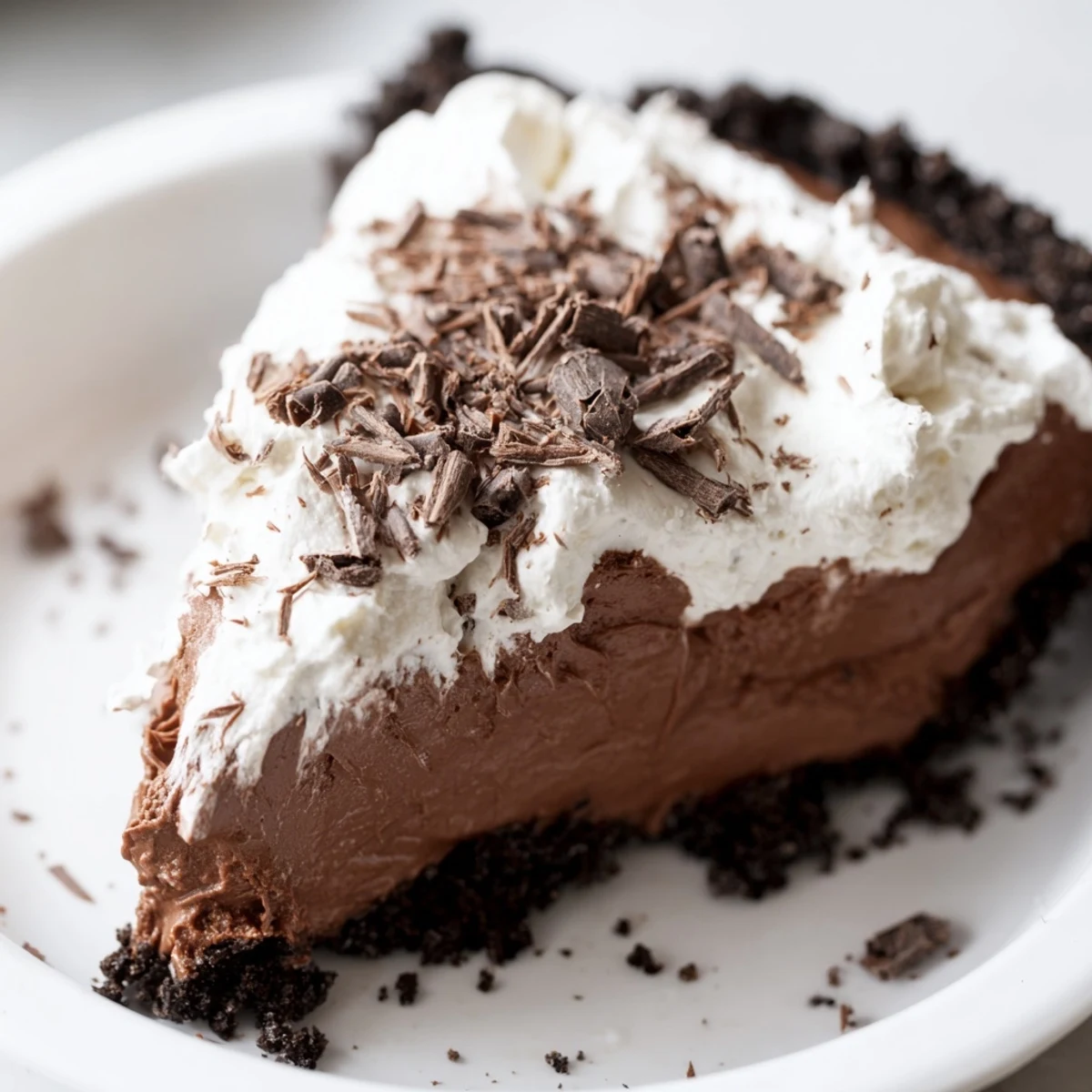 Ultra-creamy chocolate silk pie with whipped cream in a chocolate cookie crust, served on a white plate.
