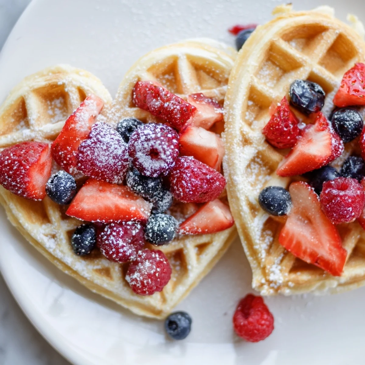 Heart shaped waffles with powdered sugar and fresh berries, stacked for a sweet Valentine's Day breakfast.