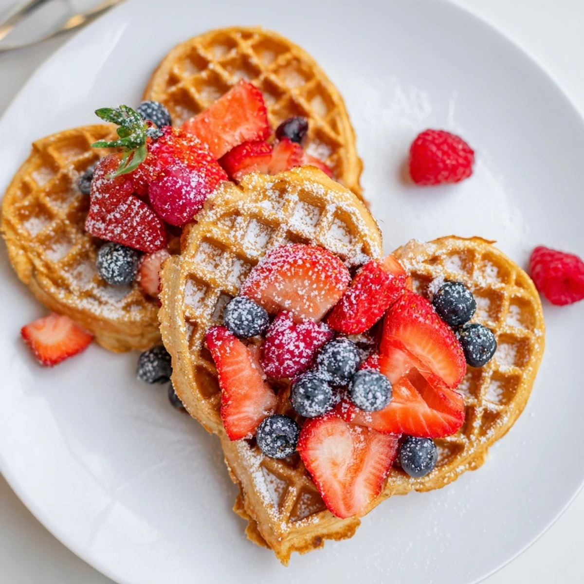 Freshly cooked heart shaped waffles topped with sliced strawberries, blueberries, and raspberries on a white plate.