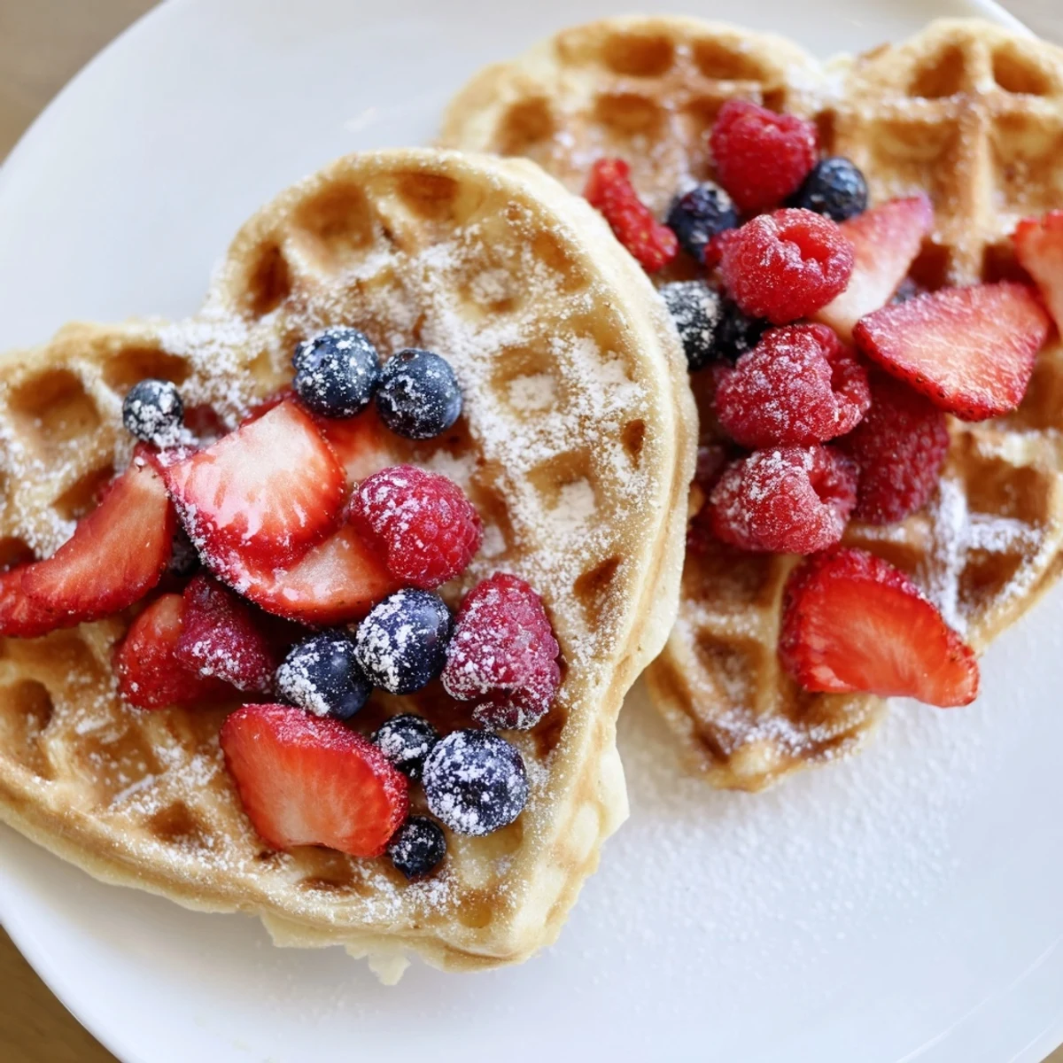 Golden, fluffy heart shaped waffles served warm with maple syrup and mixed berries for a romantic brunch.
