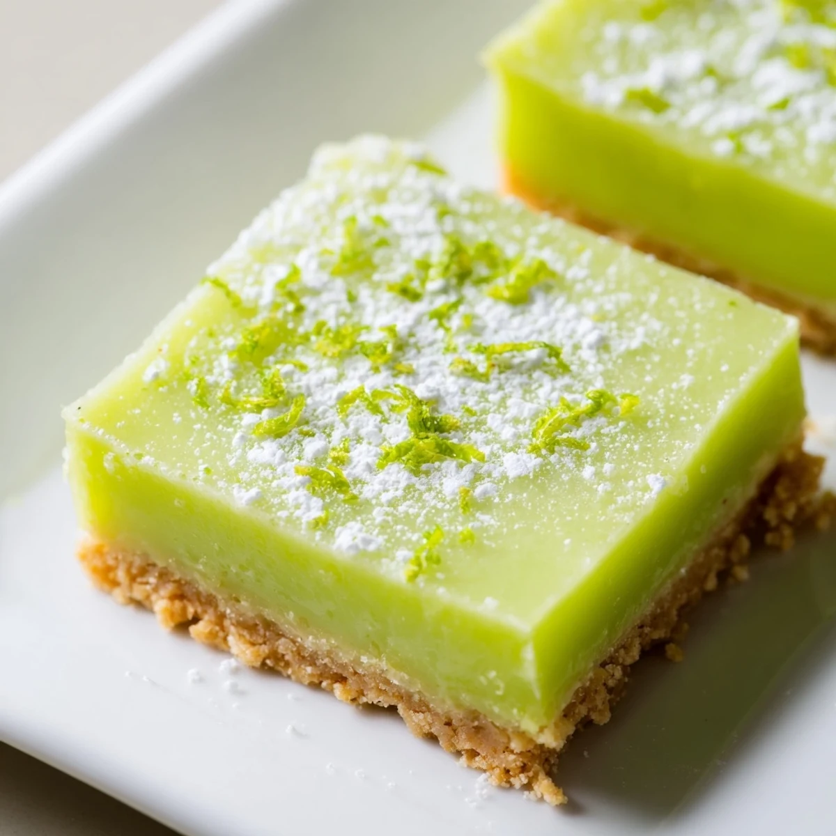 Freshly baked Lime Bars with Graham Cracker Crust showing a golden edge and vibrant green filling dusted with powdered sugar on a wooden board.