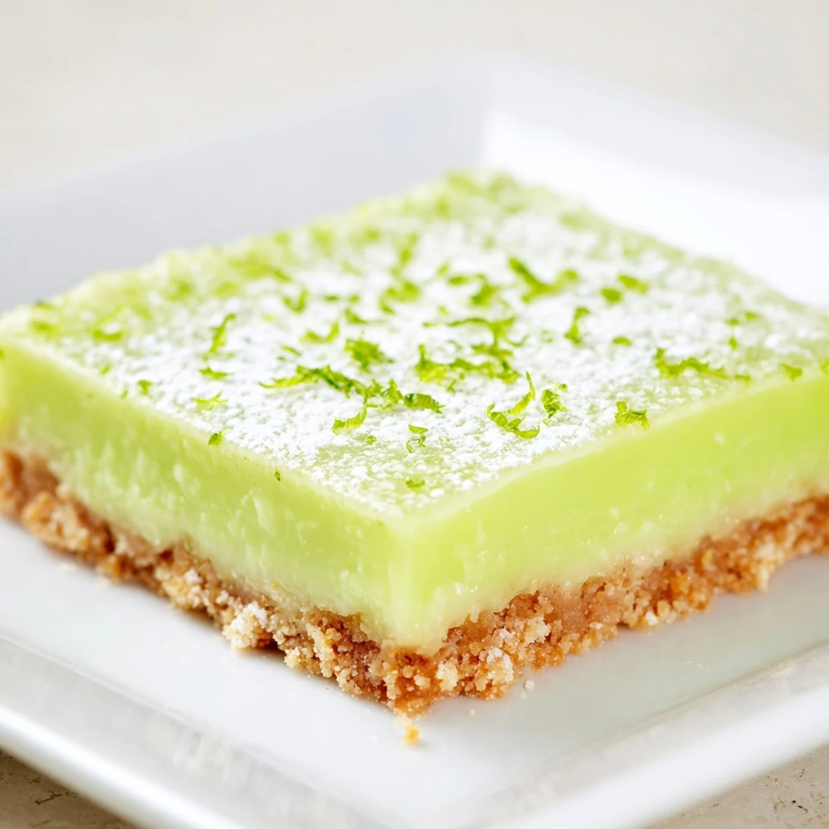 Perfectly sliced Lime Bars with Graham Cracker Crust arranged on a white plate with fresh lime wedges and zest for garnish.