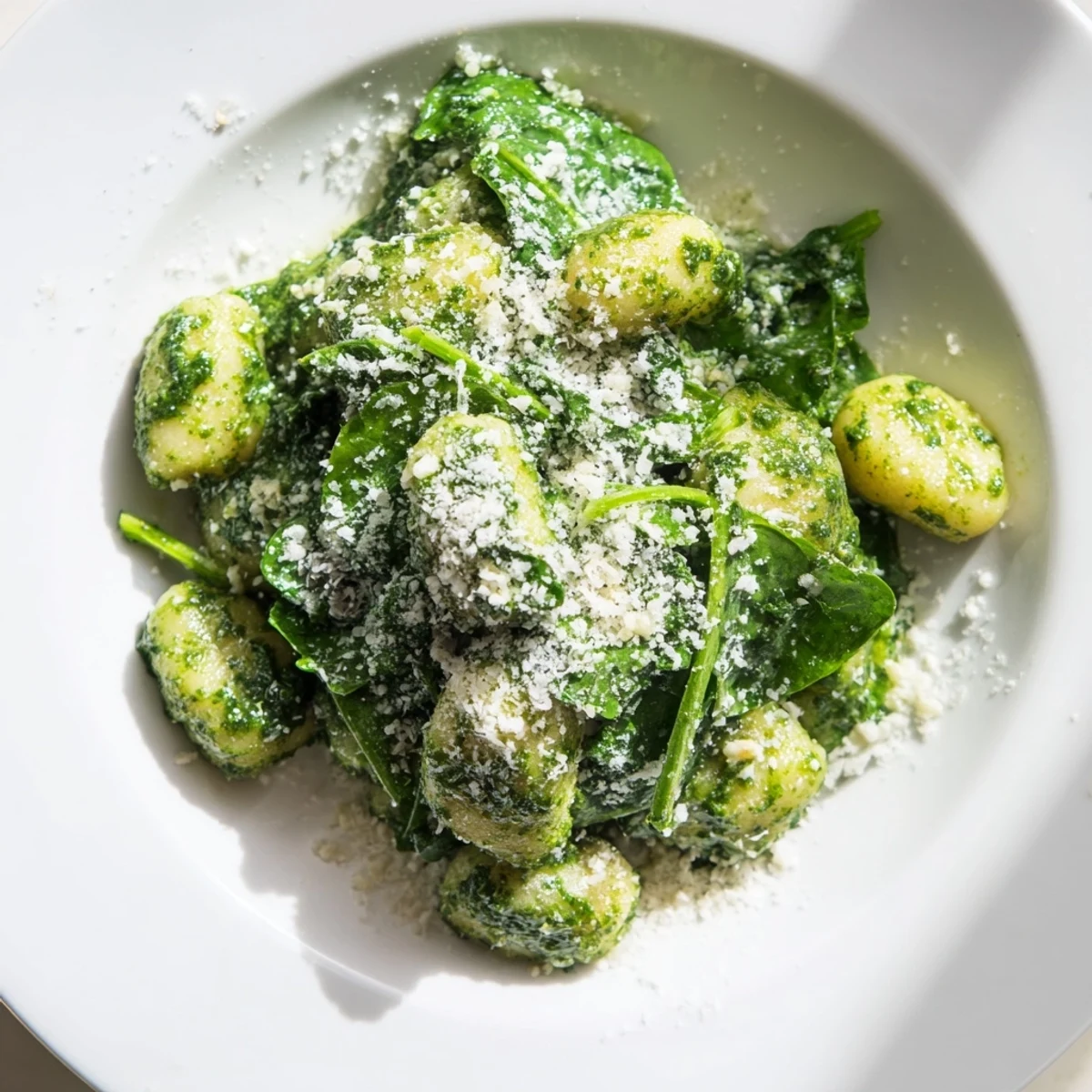 Plate of Pesto Gnocchi with Spinach and Parmesan, featuring wilted greens and a drizzle of olive oil for a quick Italian-inspired meal.