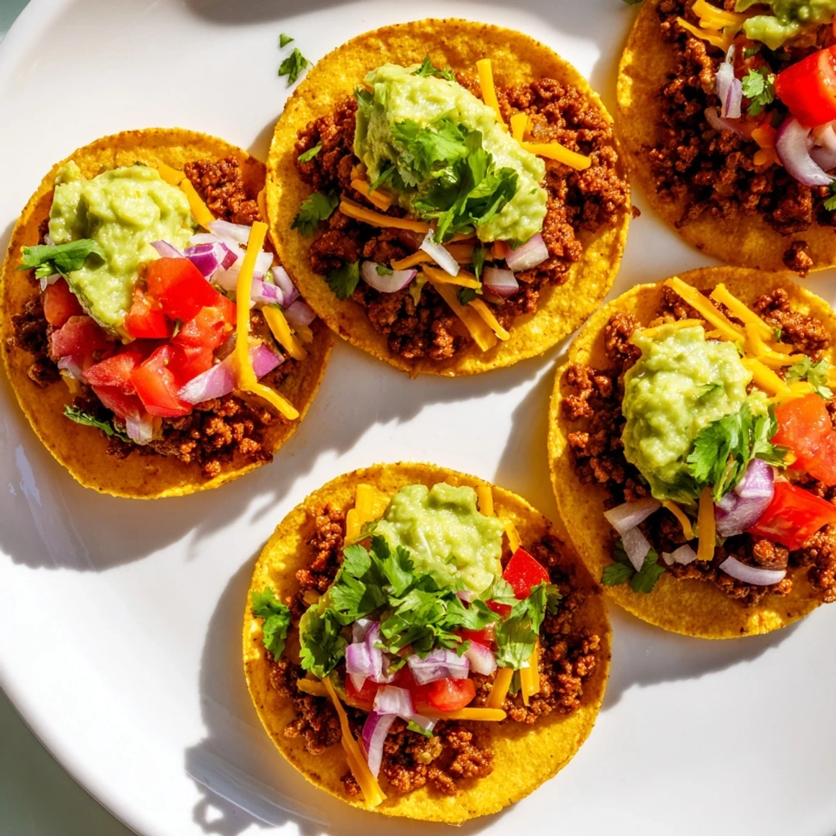 Golden-brown mini tacos with seasoned beef, topped with fresh salsa and creamy guacamole on a platter.