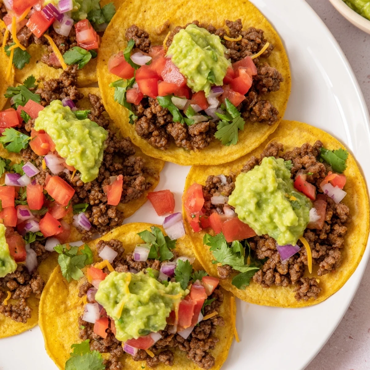 Fiesta-style mini tacos with beef, pico de gallo, and avocado, ready for a party snack.