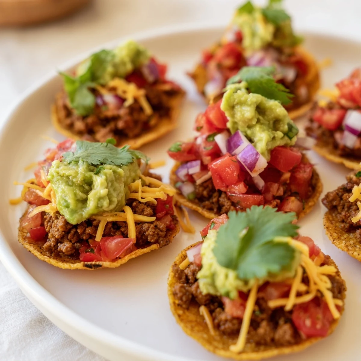 Warm mini corn tortillas filled with ground beef, cilantro, lime, and chunky guacamole toppings.