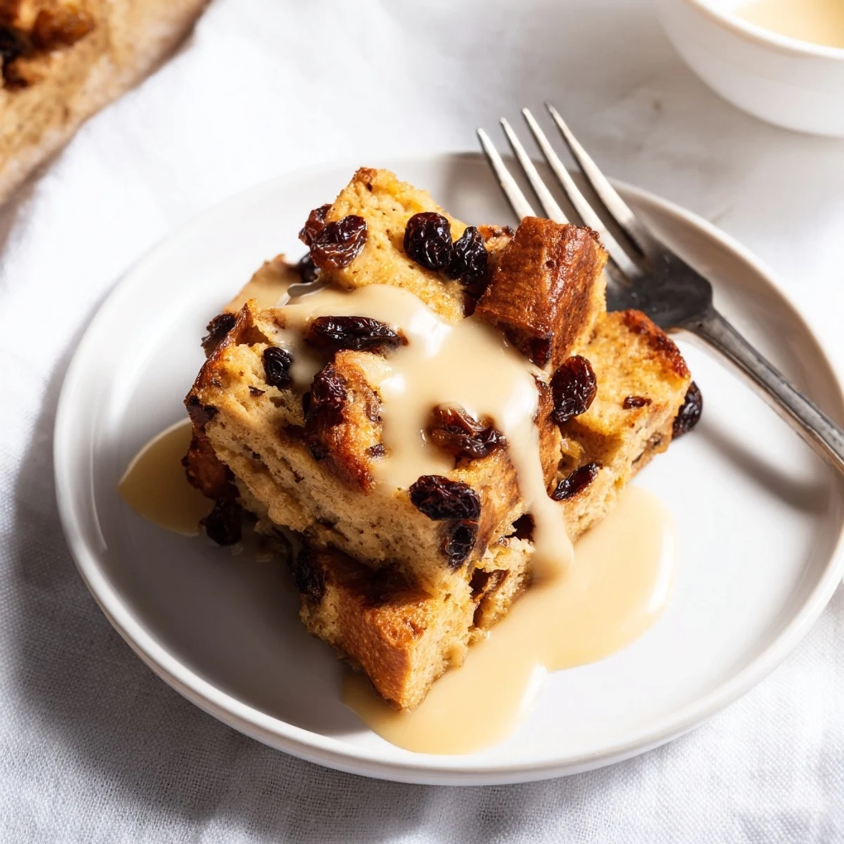 A slice of creamy Bread Pudding with Warm Vanilla Sauce served on a plate with a fork.
