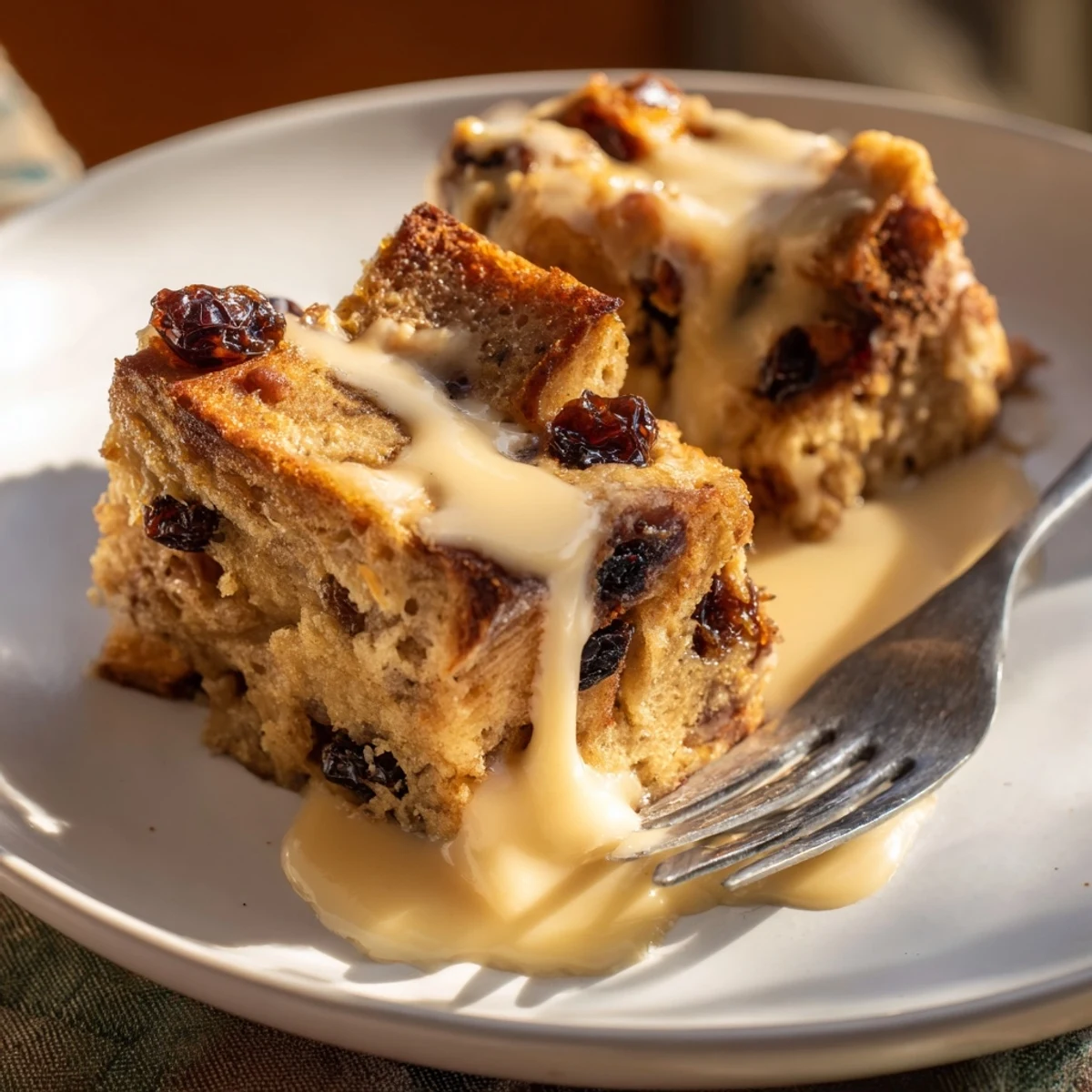 A spoon pours rich Warm Vanilla Sauce over a warm, comforting slice of homemade Bread Pudding.