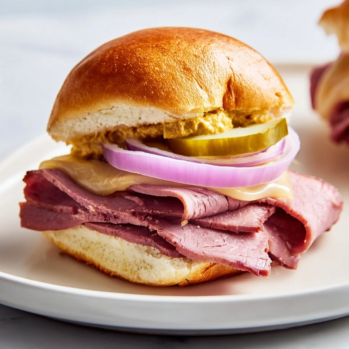 A close-up of Corned Beef Sliders with tangy mustard, melted Swiss cheese, and a slice of red onion.