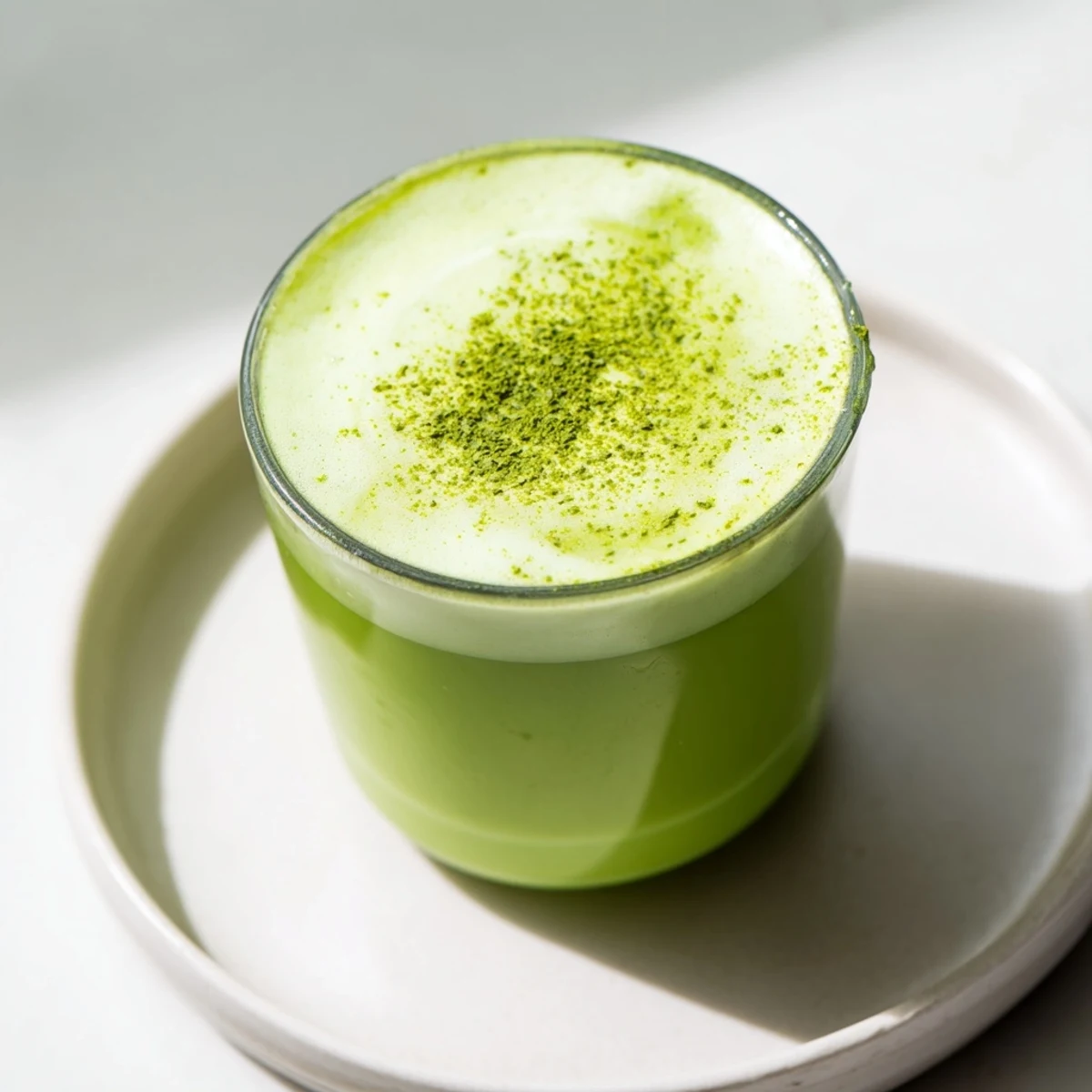 Creamy, vibrant green Matcha Latte with Almond Milk is layered in a glass, topped with soft foam for a soothing afternoon treat.