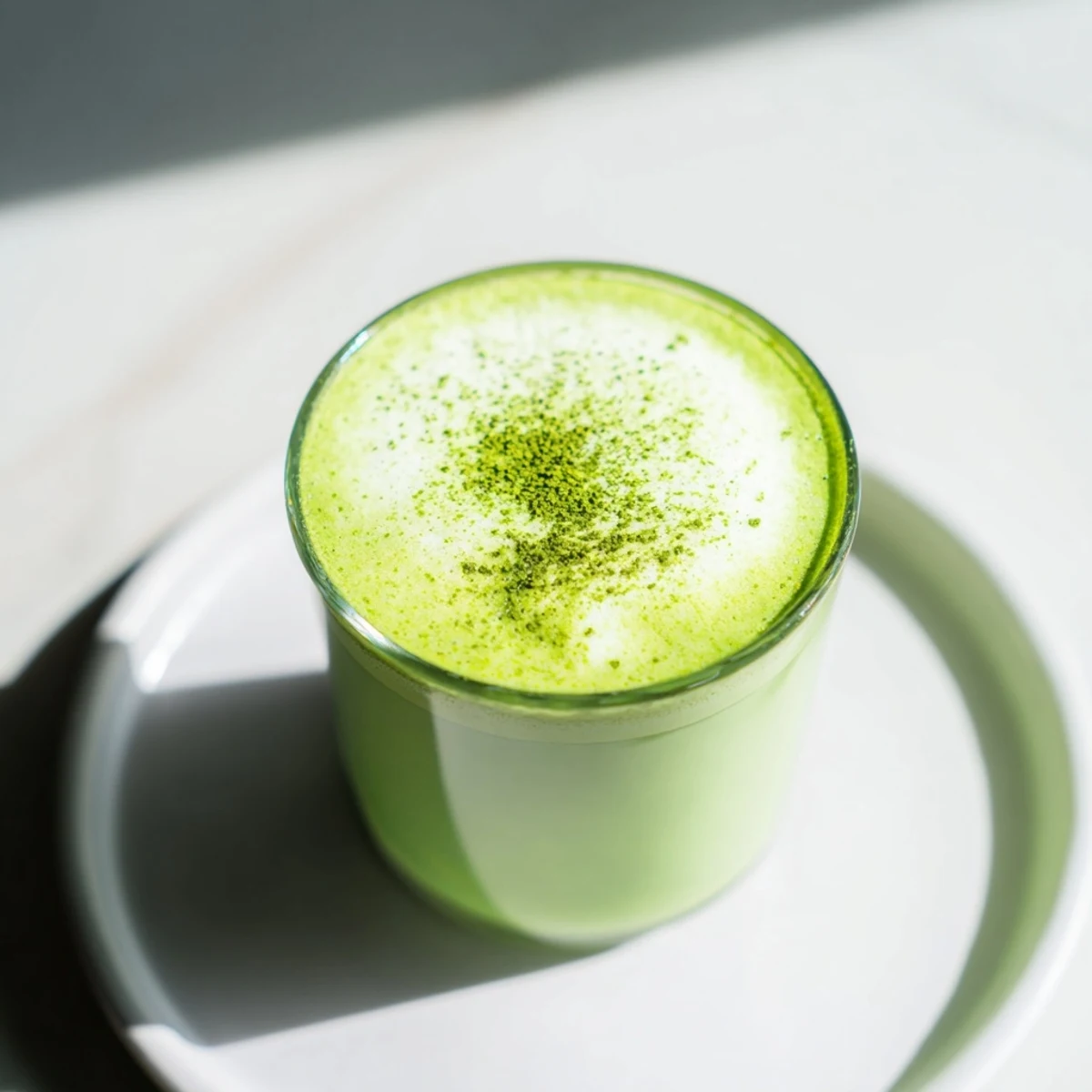 A frothy Matcha Latte with Almond Milk shows smooth swirls of bright green tea against creamy almond milk, served warm in a mug.
