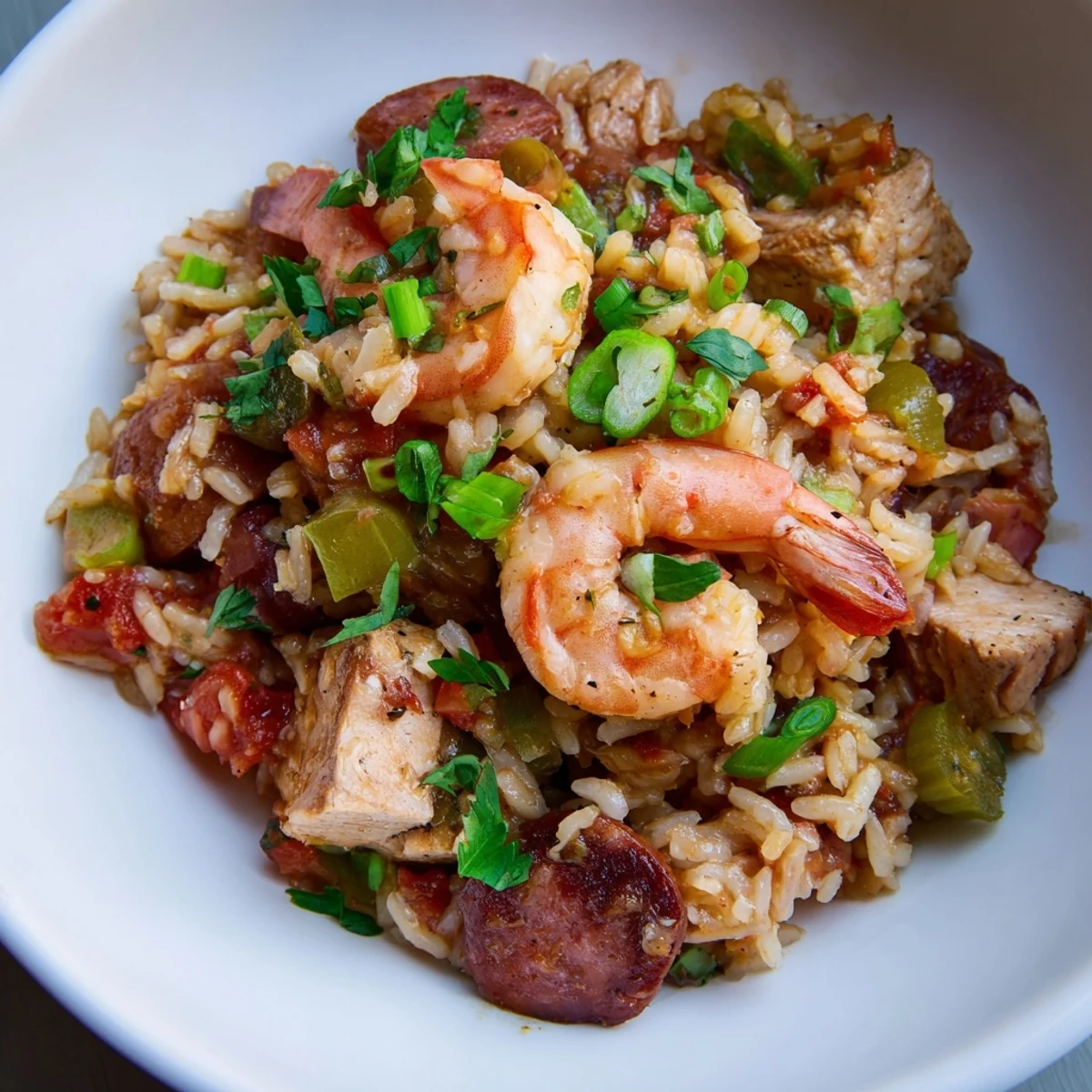 A close-up of Mardi Gras Jambalaya with Chicken and Shrimp, garnished with fresh parsley and green onions, bursting with colorful Creole ingredients.