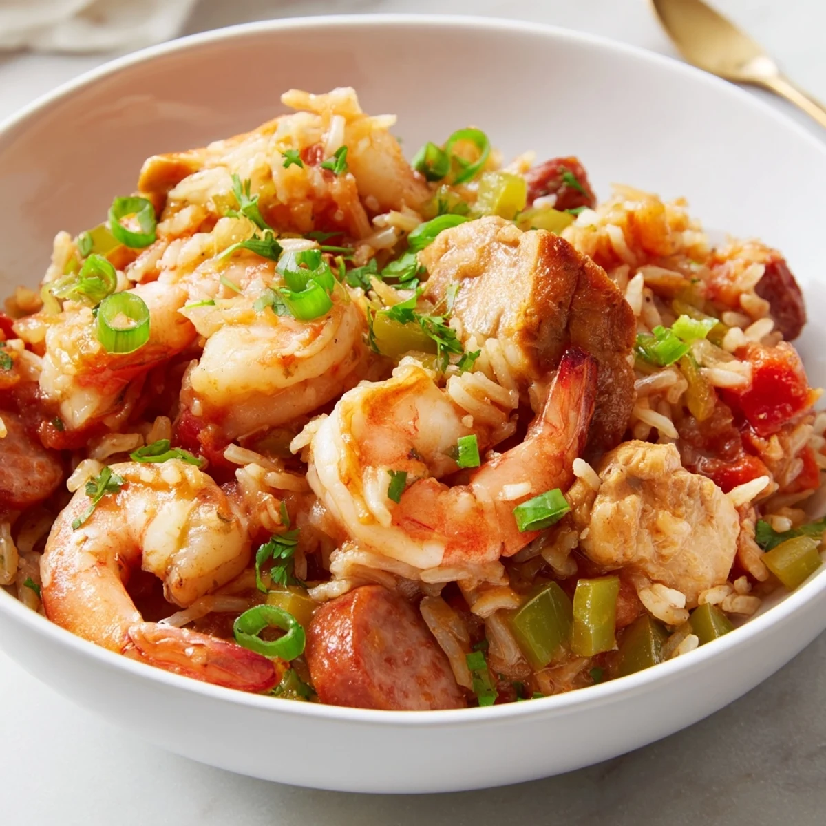 A steaming bowl of Mardi Gras Jambalaya with Chicken and Shrimp, featuring tender chicken, pink shrimp, and andouille sausage nestled in rice.