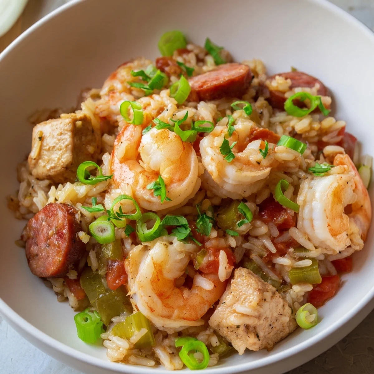 A hearty serving of Mardi Gras Jambalaya with Chicken and Shrimp, showcasing plump shrimp and sliced sausage against a backdrop of aromatic vegetables.