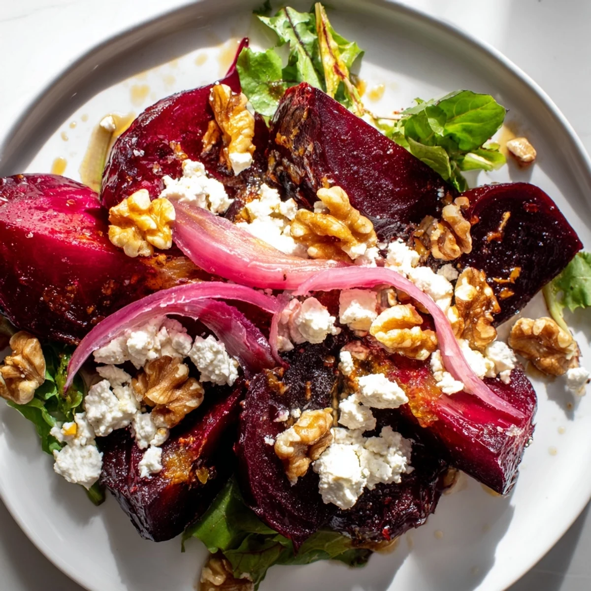 Tender, jewel-toned roasted beet salad with creamy goat cheese and toasted walnuts on a bed of mixed greens, drizzled with a honey-balsamic vinaigrette for a perfect contrast of flavors and textures.