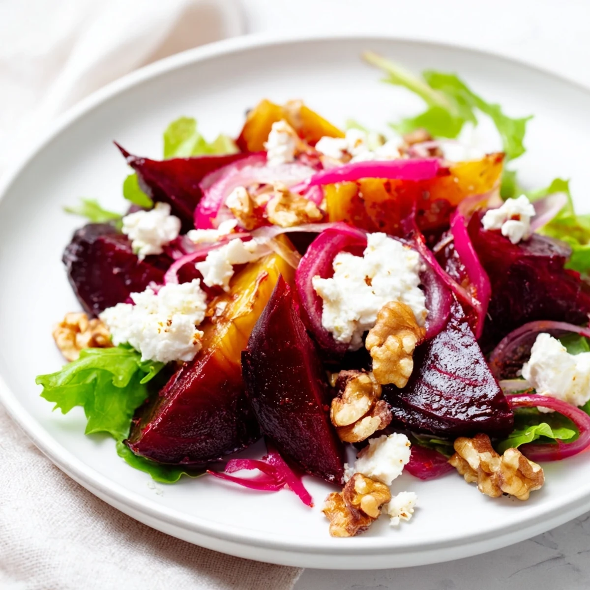 This vibrant roasted beet salad features deep red beet wedges, crumbles of tangy goat cheese, and crunchy walnuts over fresh arugula and spinach, ready to serve at a sunny outdoor lunch.