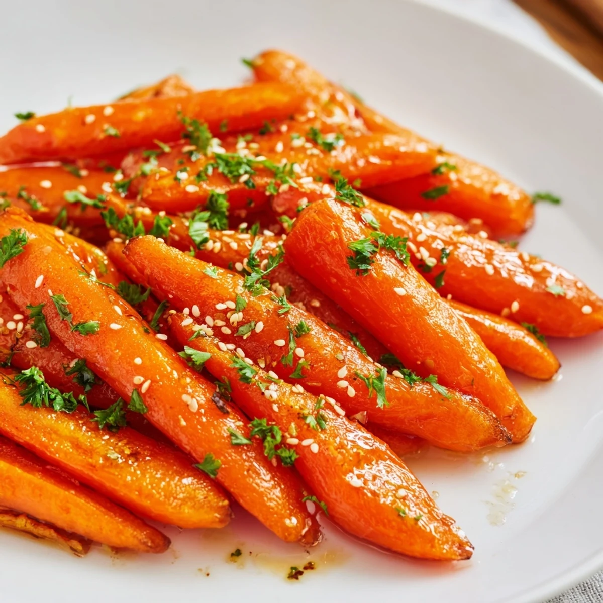 A close-up of roasted carrots with maple and cumin, glistening with a sweet glaze and garnished with fresh parsley.  