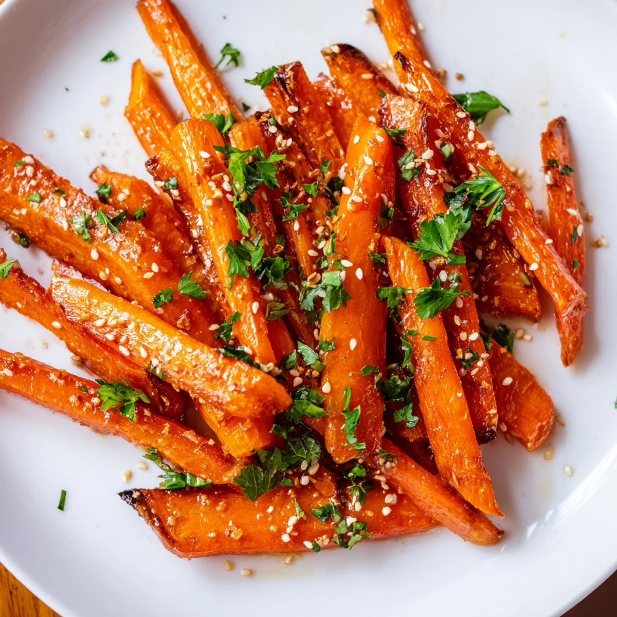 Golden roasted carrots with maple and cumin arranged on a rustic platter, garnished with sesame seeds for serving.  