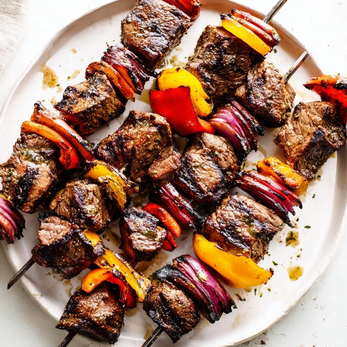 Grilled Beef Kebabs with Bell Peppers and Onions on skewers with juicy, charred edges and vibrant colors.