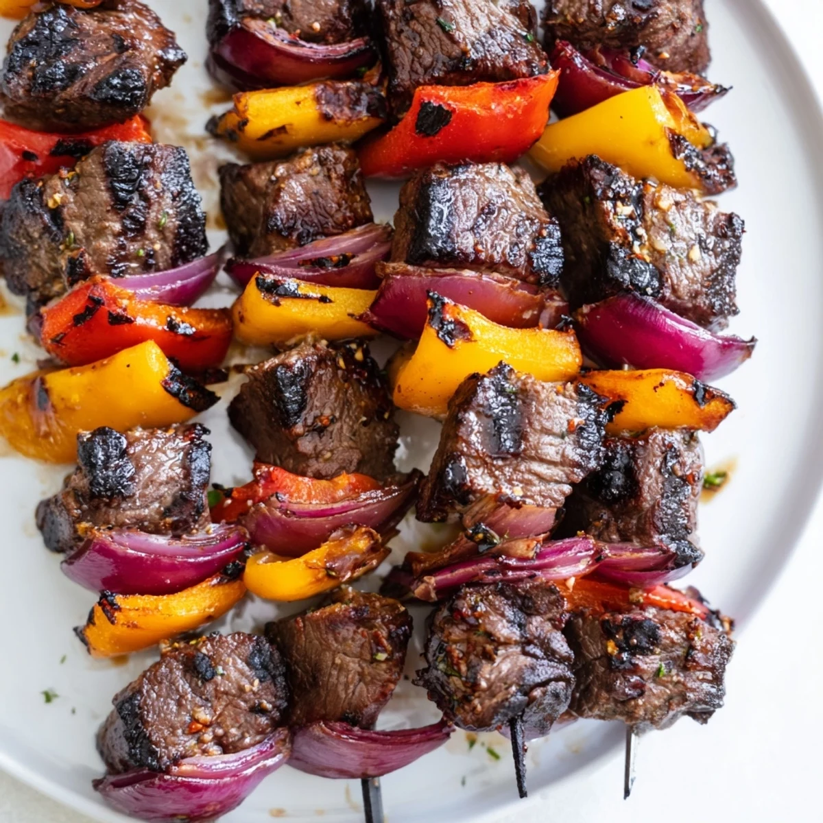 Beef Kebabs with Bell Peppers and Onions sizzling on the grill, garnished with fresh herbs and lemon.