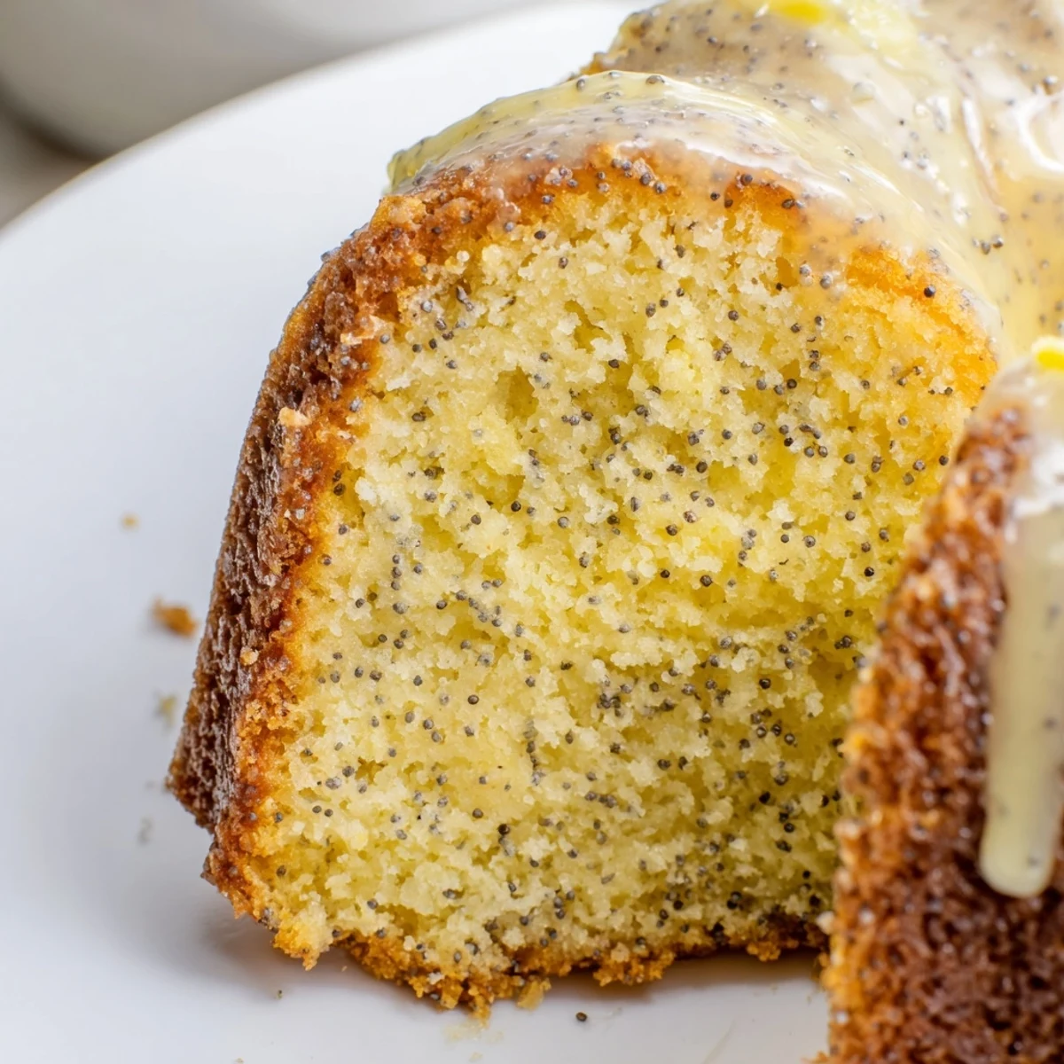 Freshly baked Lemon Poppy Seed Bundt cake with a moist crumb, sliced to reveal poppy seeds and lemon zest.