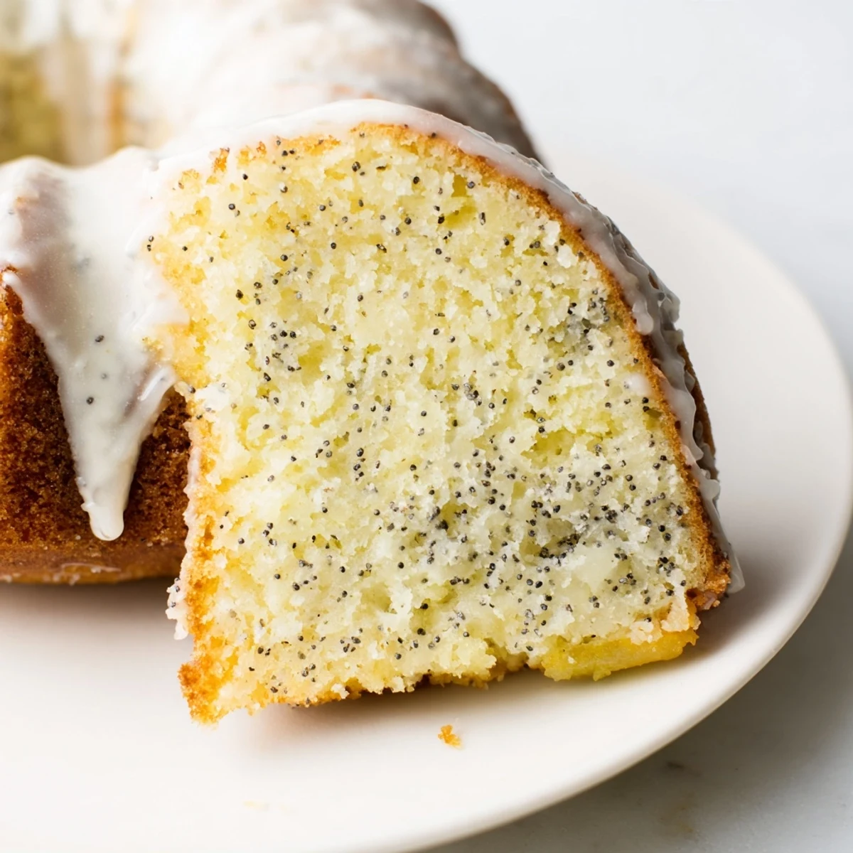 A slice of Lemon Poppy Seed Bundt cake on a plate, drizzled with glaze, perfect for an afternoon tea.