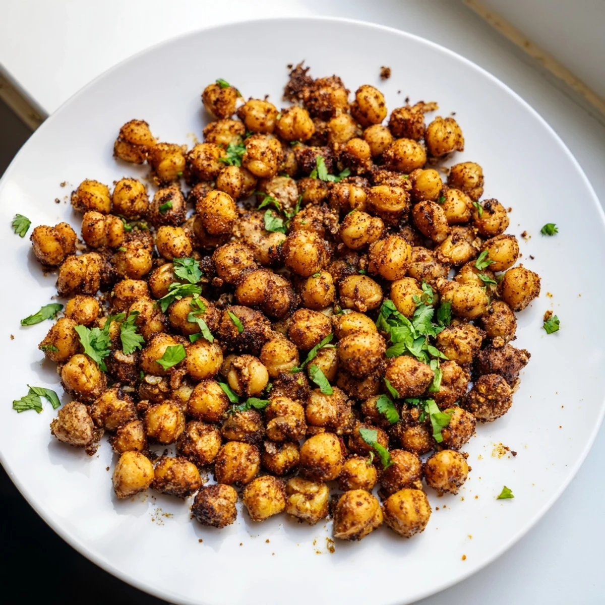 Golden-brown Spicy Roasted Chickpeas with Cumin cooling on a baking sheet, garnished with fresh cilantro and lemon wedges for a zesty kick.