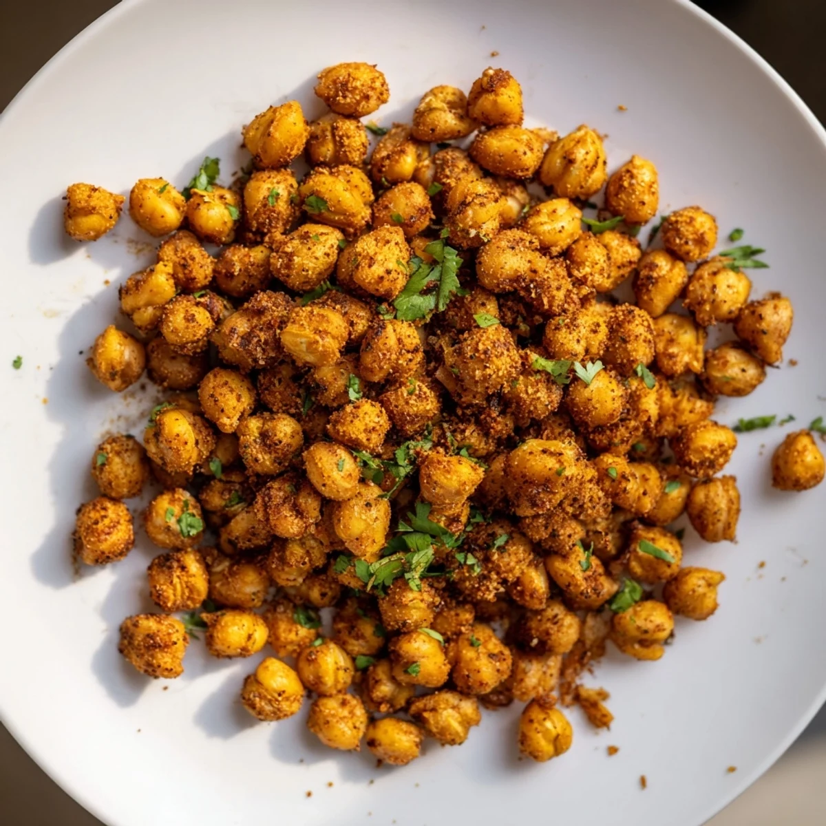 A close-up of Spicy Roasted Chickpeas with Cumin, showcasing their crispy texture and smoky seasoning perfect for snacking or topping salads.