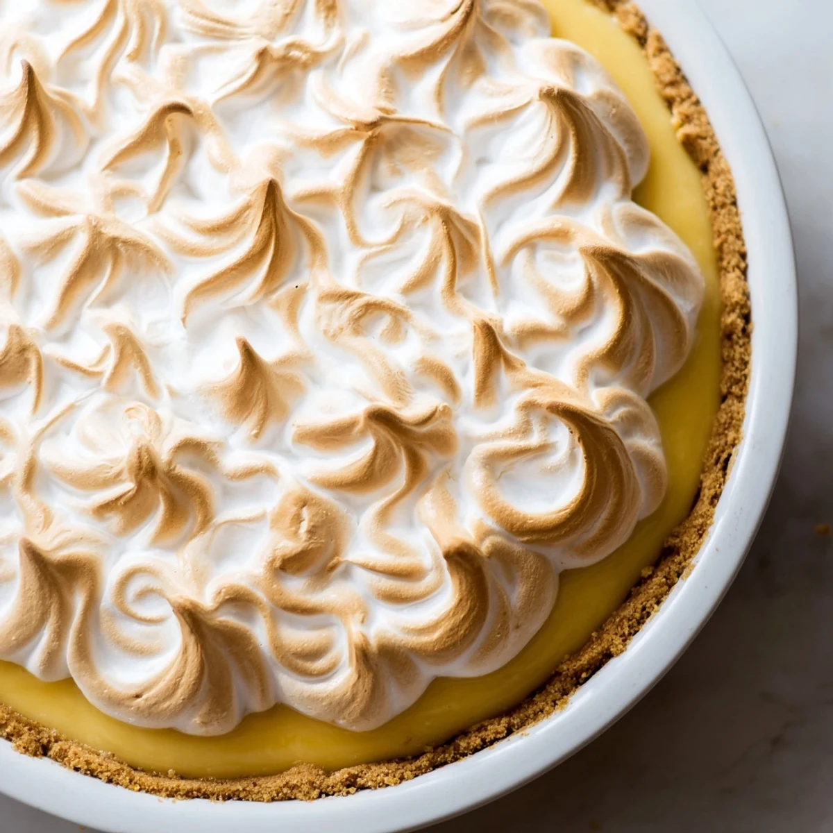 A slice of Lemon Meringue Pie with Graham Cracker Crust shows golden-brown swirls on fluffy meringue.