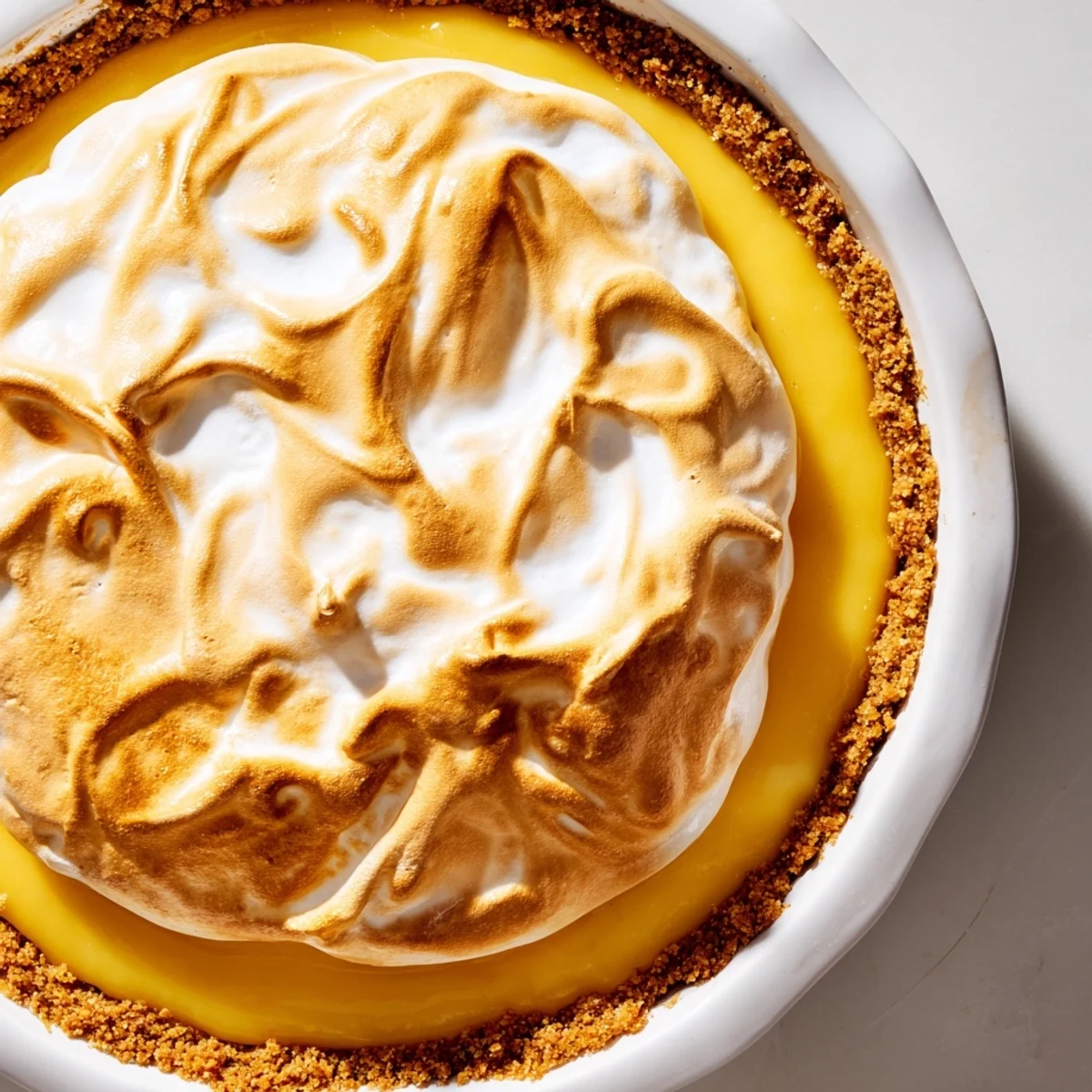 Homemade Lemon Meringue Pie with Graham Cracker Crust is served chilled with a dollop of whipped cream.