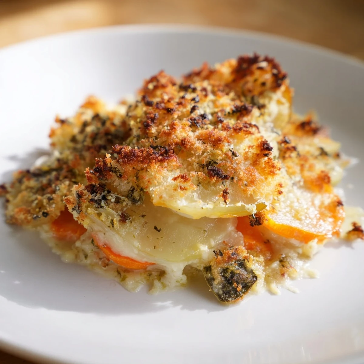 The Winter Vegetable Gratin with Gruyere emerges from the oven with a bubbling, golden-brown crust.