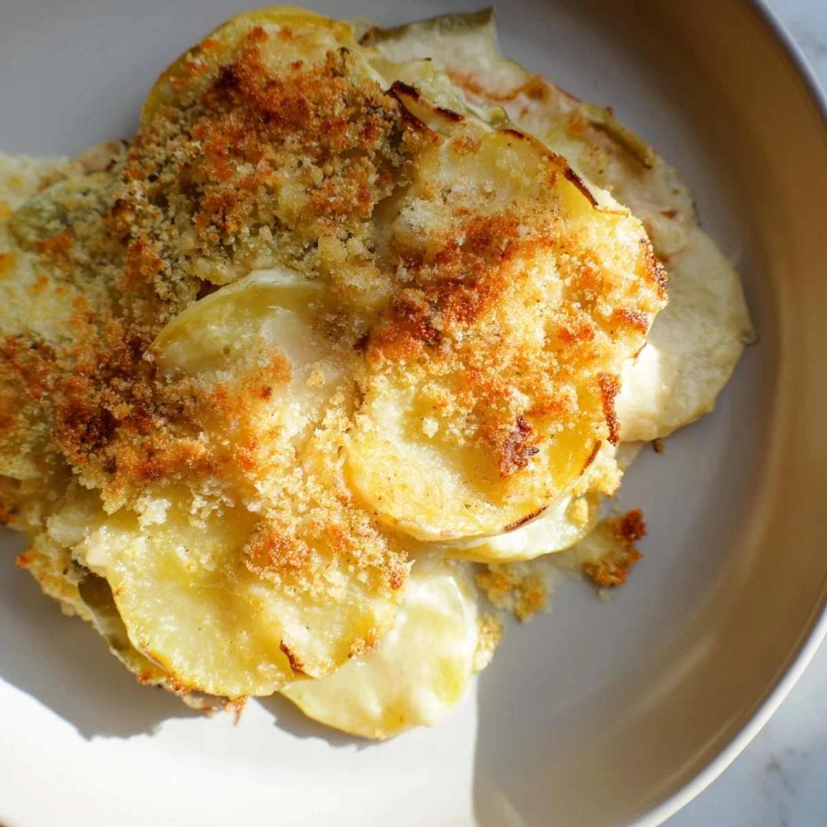 Sliced carrots, parsnips, and potatoes swim in the rich, creamy Gruyere sauce inside a baking dish.