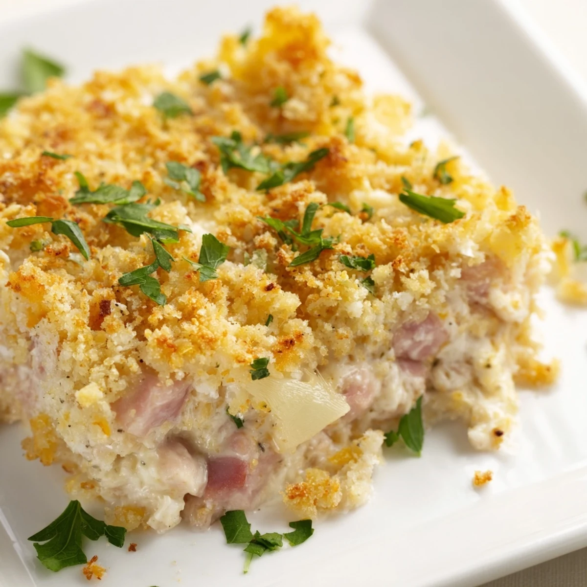 Serving spoon lifts a cheesy portion of Chicken Cordon Bleu Casserole revealing tender chicken and ham inside.