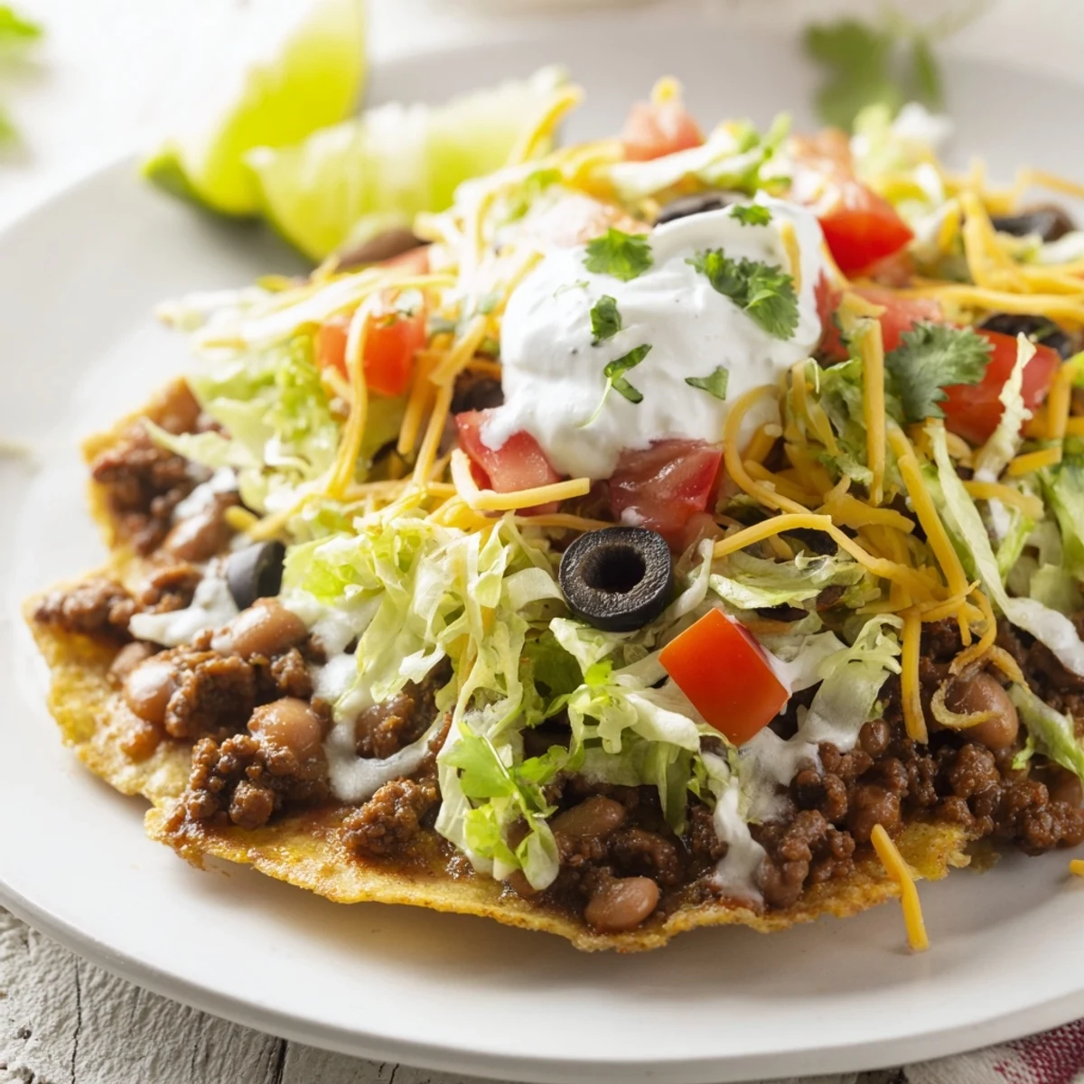 Crispy corn tostada topped with seasoned beef, refried beans, shredded lettuce, diced tomatoes, and a dollop of sour cream