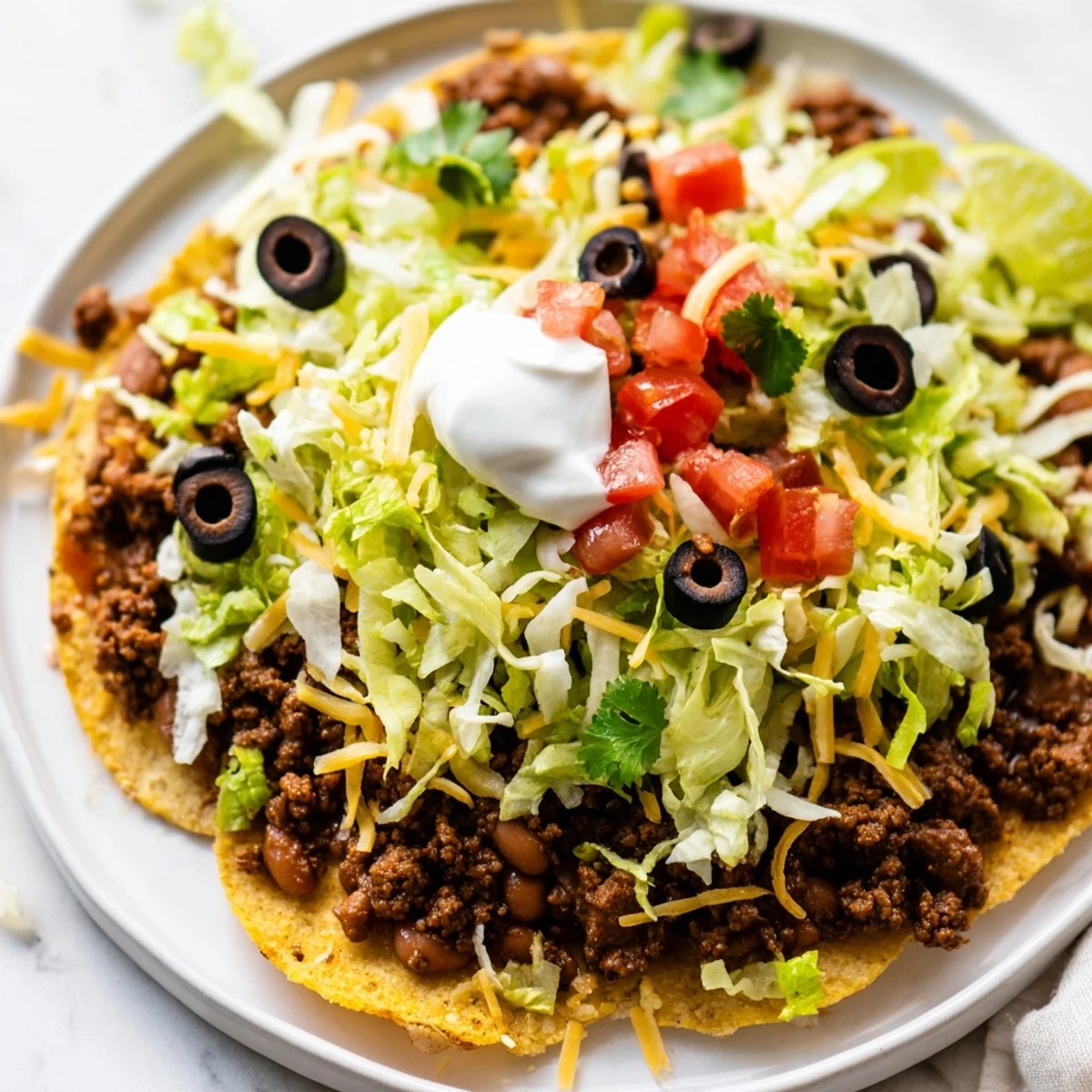 A close-up of Beef Tostadas with Refried Beans showing a hearty beef and bean layer on crunchy shells with fresh toppings