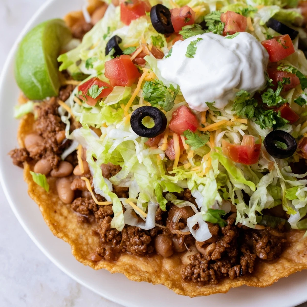 Beef Tostadas with Refried Beans served warm with melted cheese, sliced olives, cilantro, and lime wedges on the side