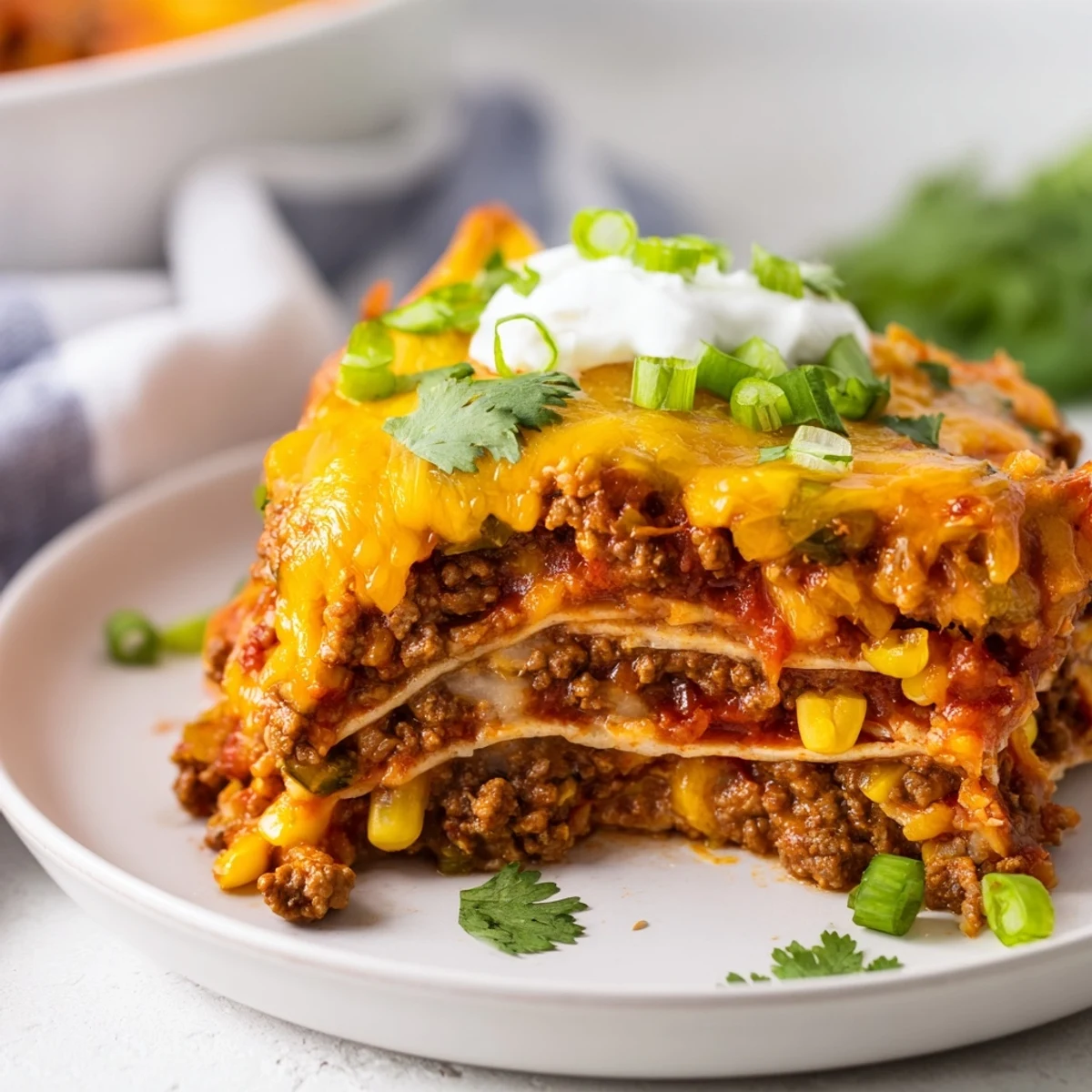 Golden, bubbly cheese melts over layers of seasoned ground beef and red sauce in this Beef Enchilada Casserole with Cheese. 