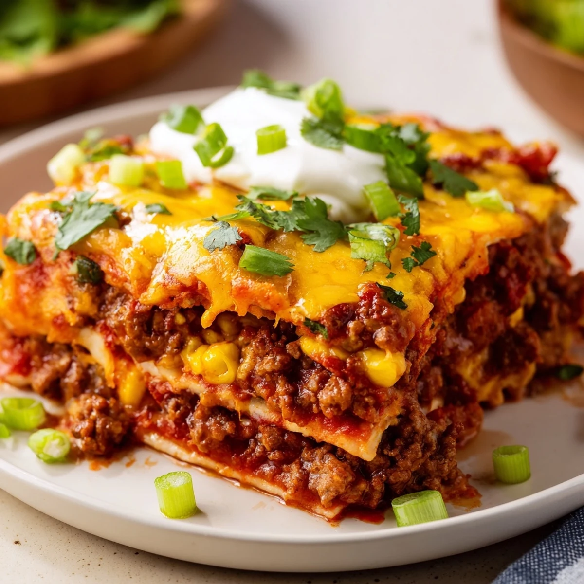 A close-up view shows melted cheddar and Monterey Jack on the Tex-Mex Beef Enchilada Casserole with Cheese. 