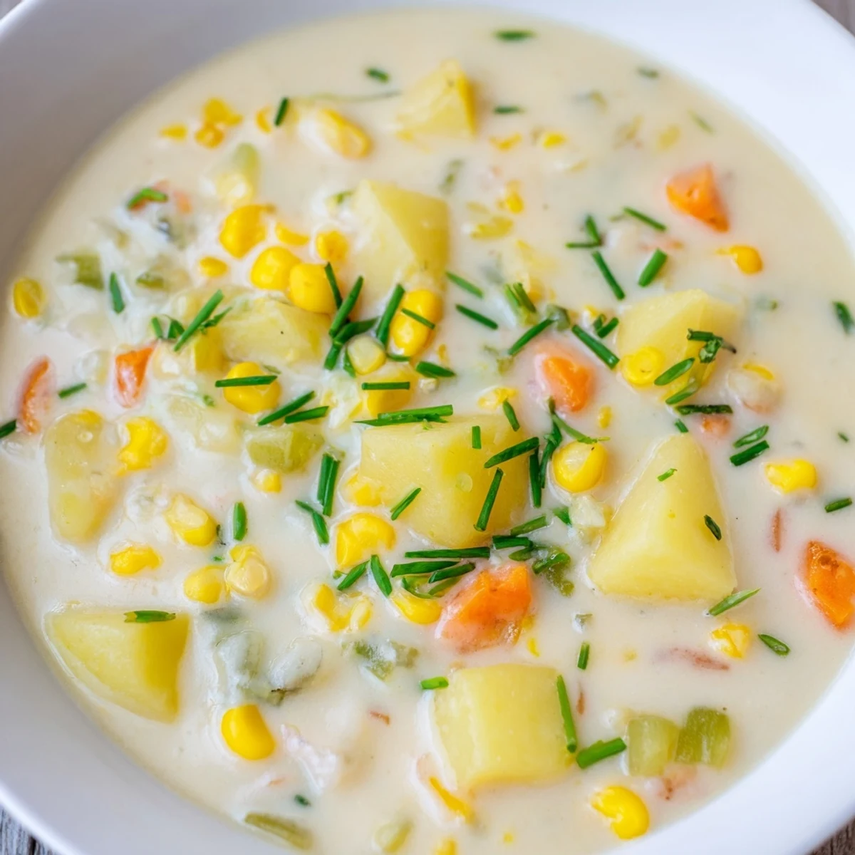 A bowl of Creamy Corn Chowder with Potatoes, garnished with fresh chives and a dollop of sour cream.