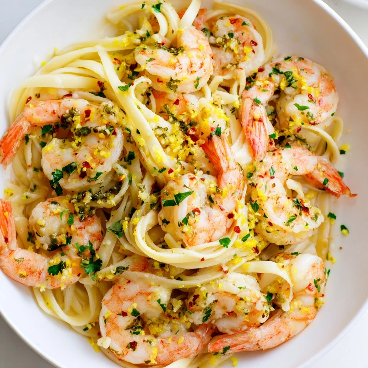 Lemon Garlic Shrimp Pasta in a skillet with garlic butter sauce and linguine strands.