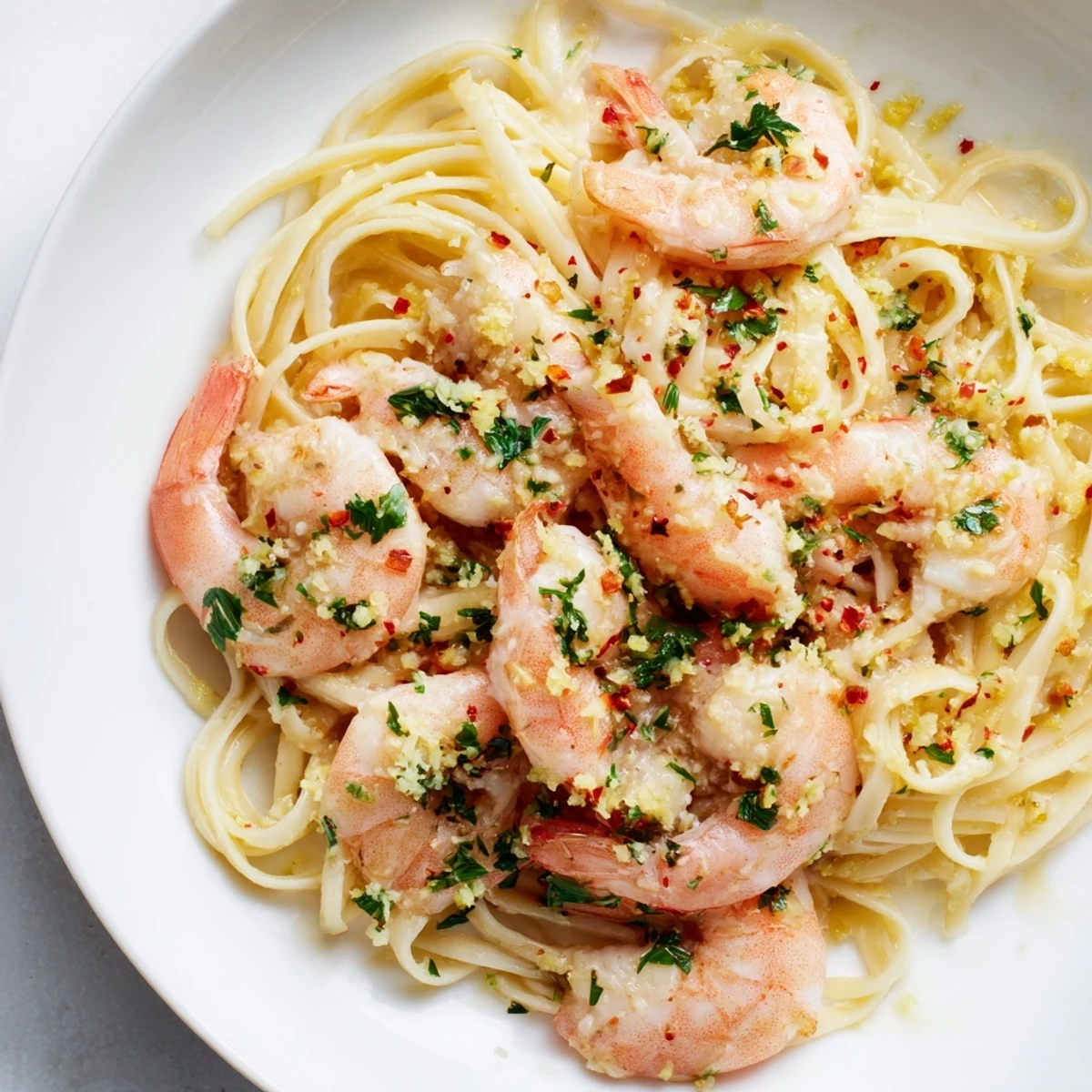 Plate of Lemon Garlic Shrimp Pasta with bright parsley garnish and lemon wedges.