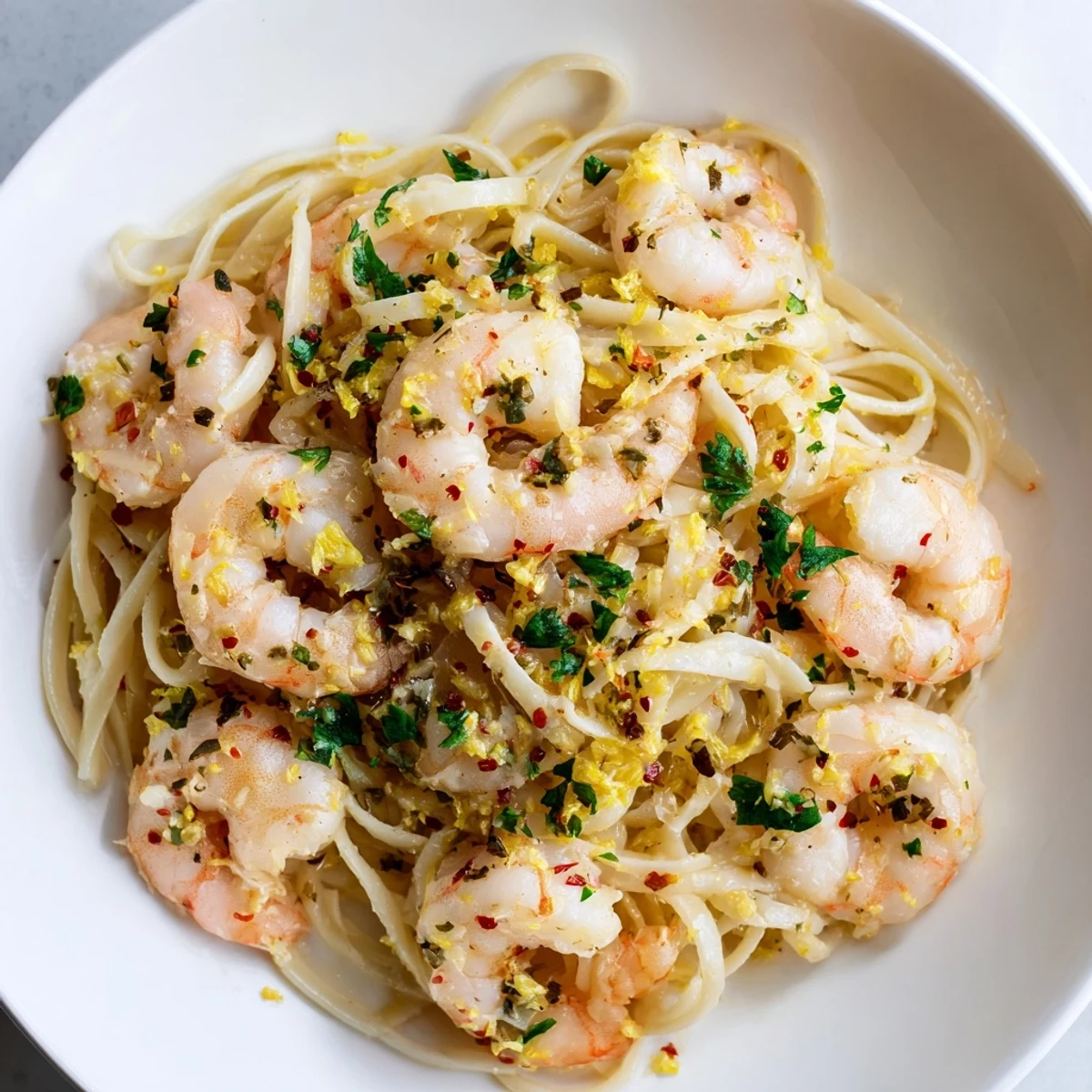 Fresh Lemon Garlic Shrimp Pasta served with grated Parmesan and a glass of white wine.
