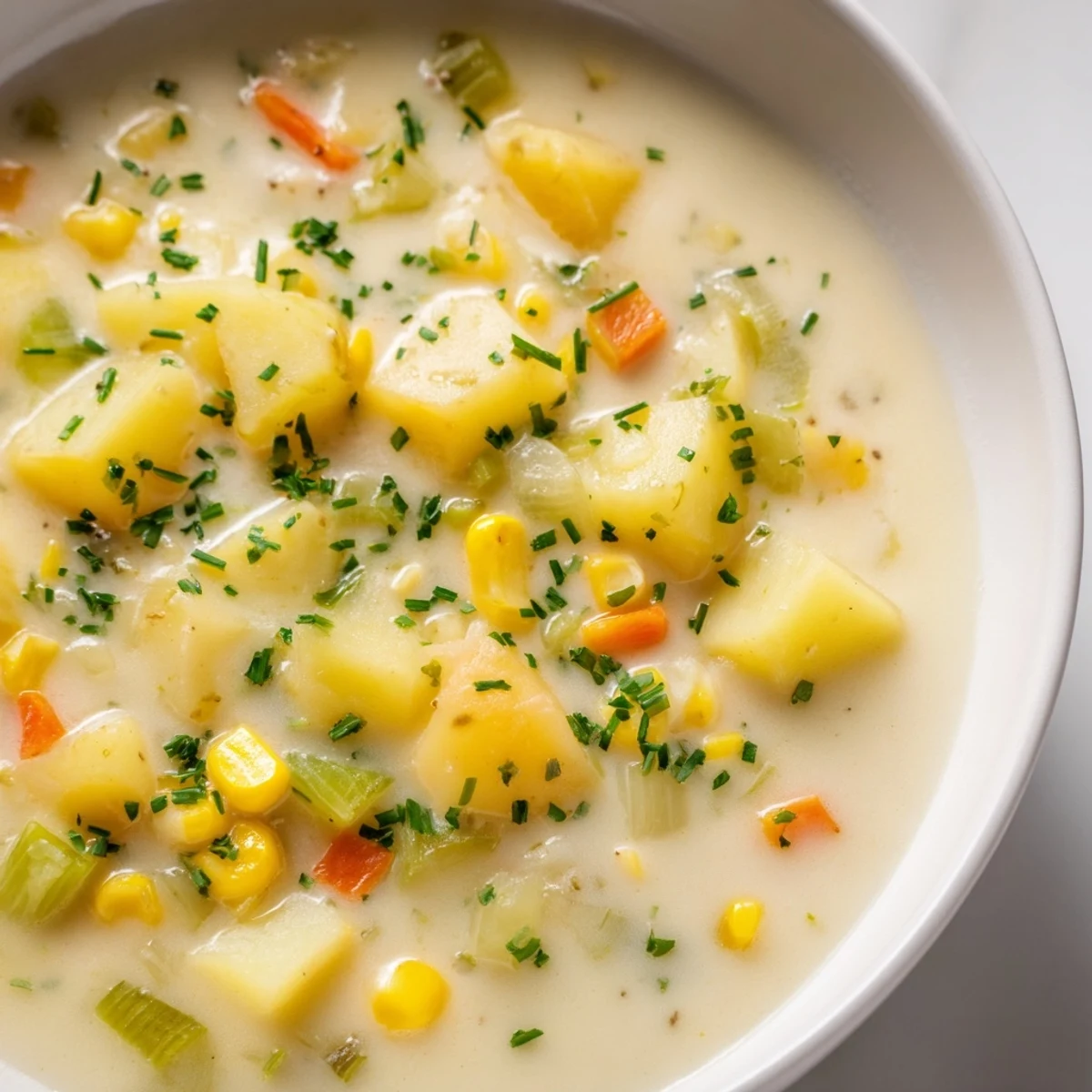 Close-up of Creamy Corn Chowder with Potatoes and Herbs featuring sweet corn and tender potato chunks.