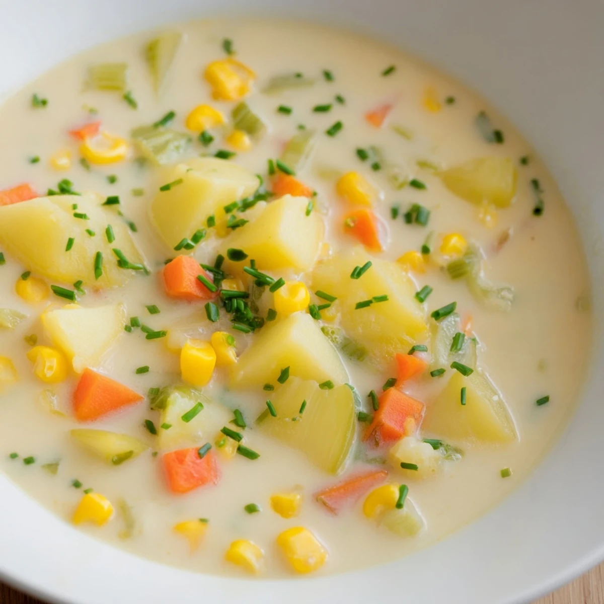 This hearty Creamy Corn Chowder with Potatoes and Herbs is served with crusty bread for dipping.