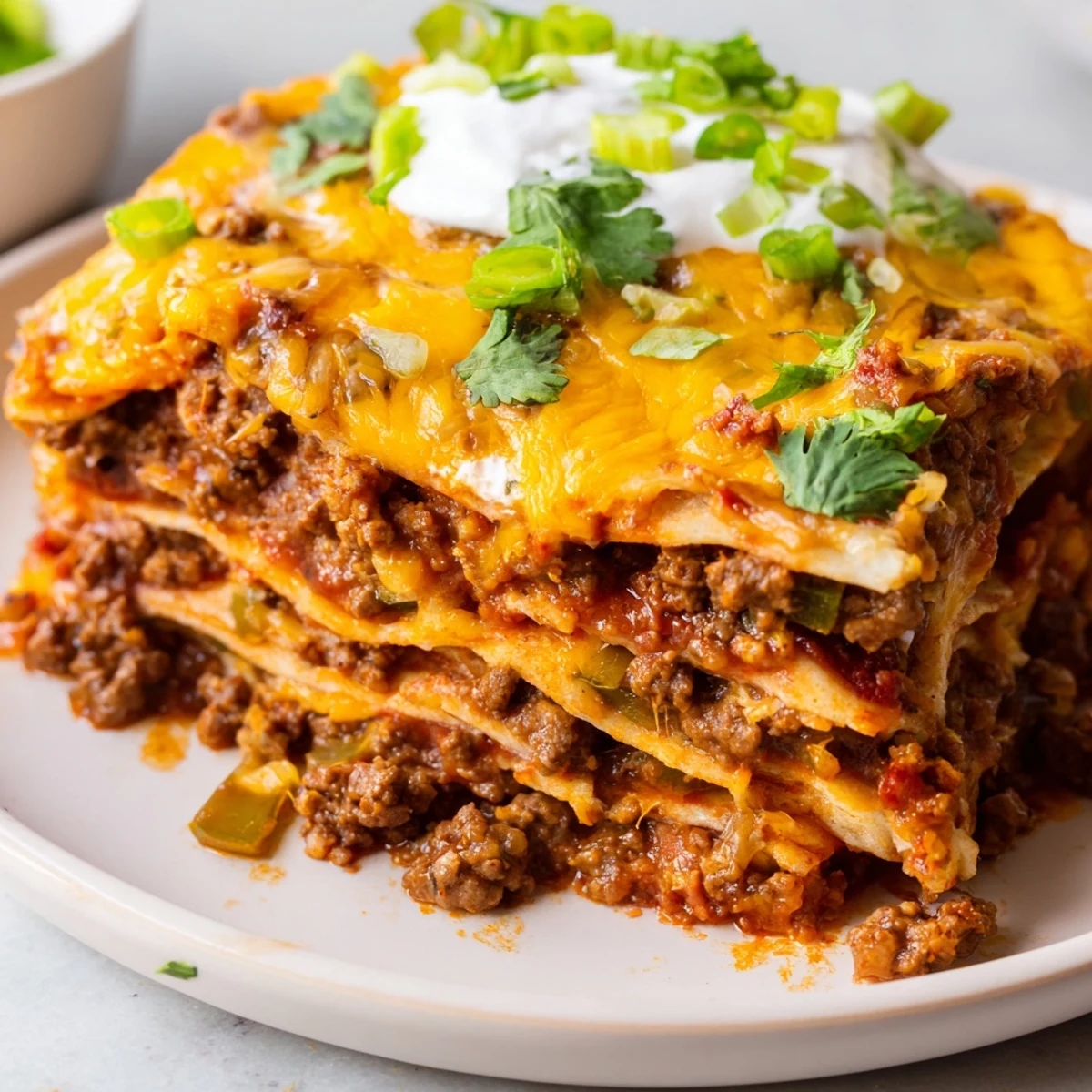 A close-up of layered Beef Enchilada Casserole with Cheddar, melted cheese bubbling over corn tortillas and rich red sauce.
