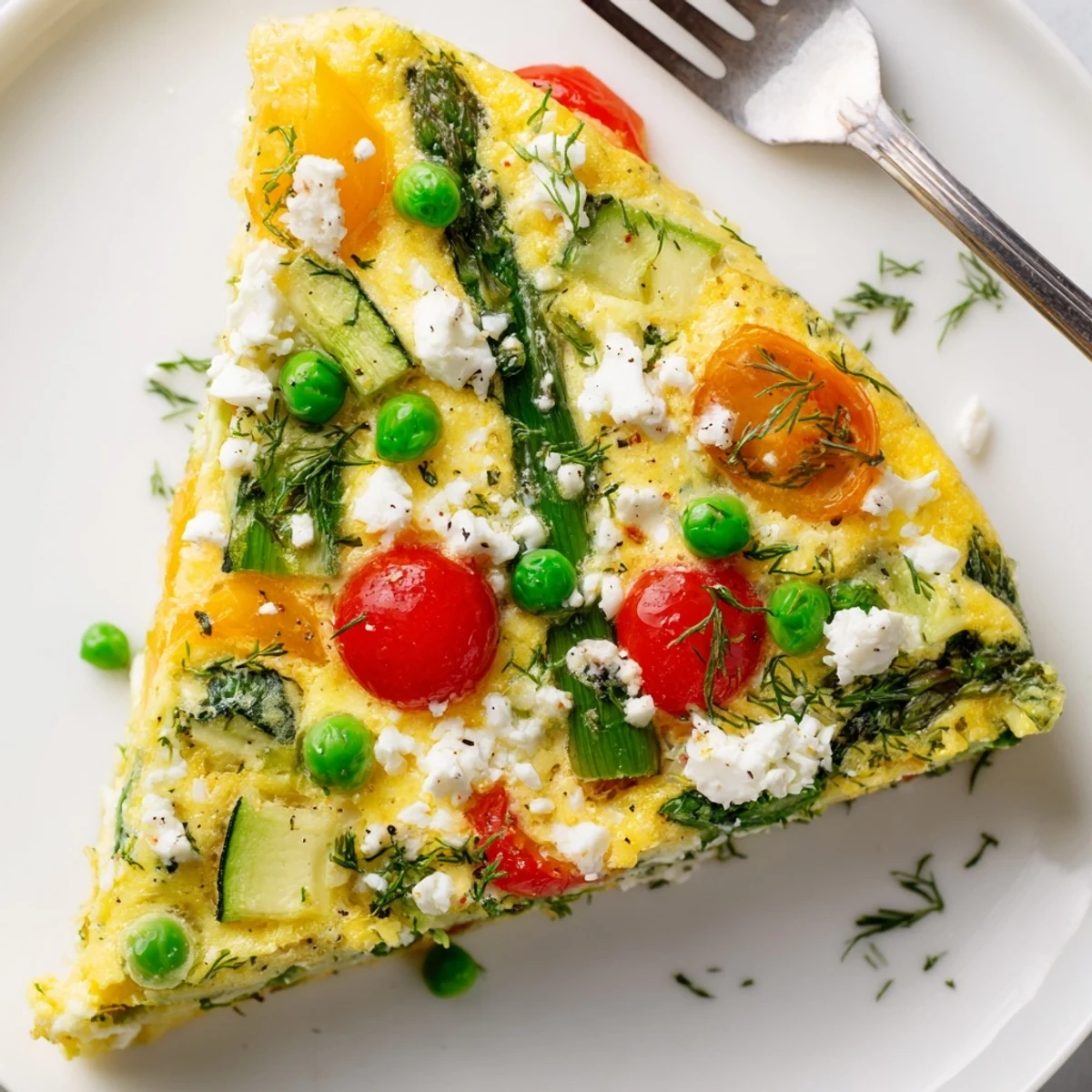 A freshly baked Spring Vegetable Frittata with Fresh Herbs topped with crumbled feta and parsley.
