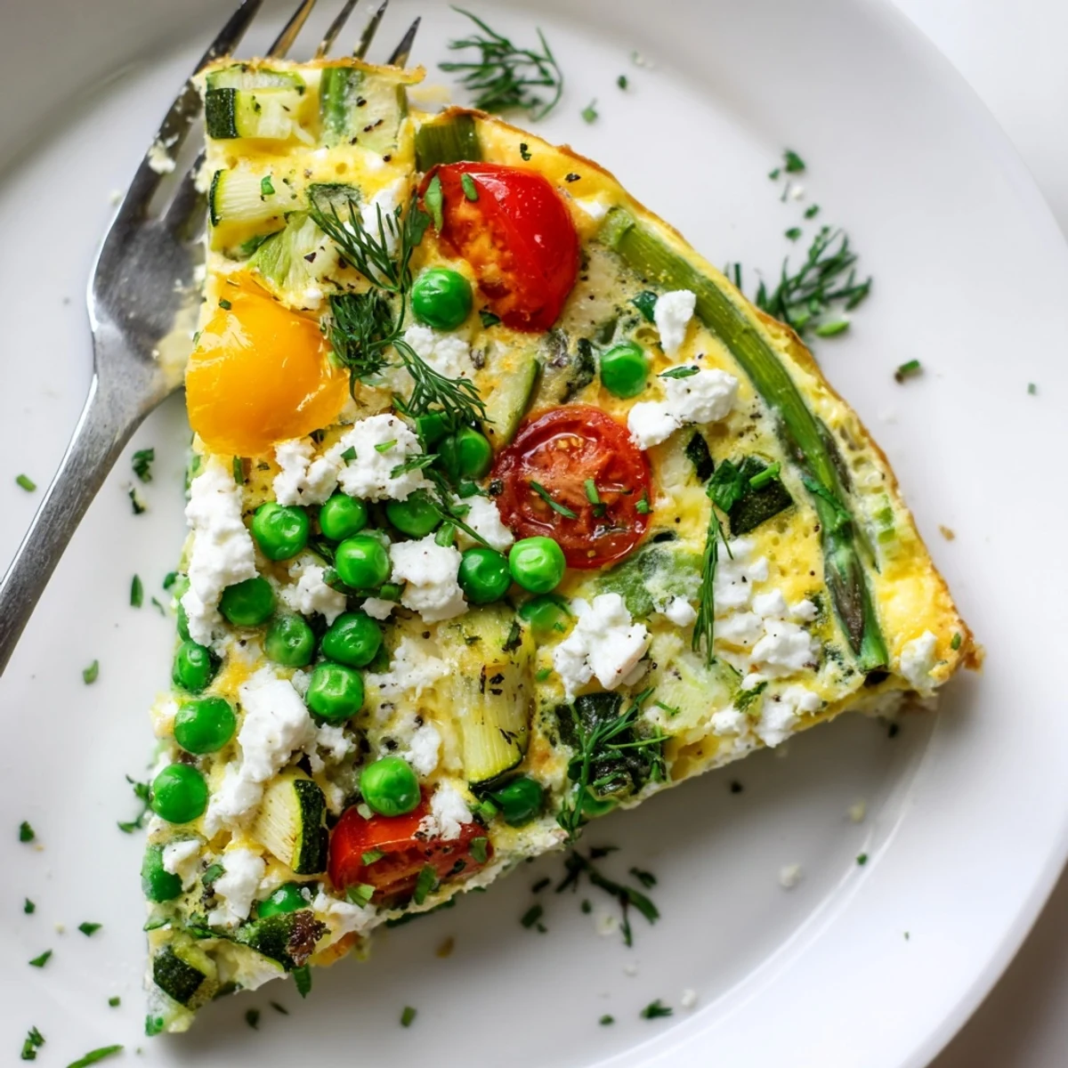 Golden-brown Spring Vegetable Frittata with Fresh Herbs in a skillet, showcasing tender asparagus and spinach.